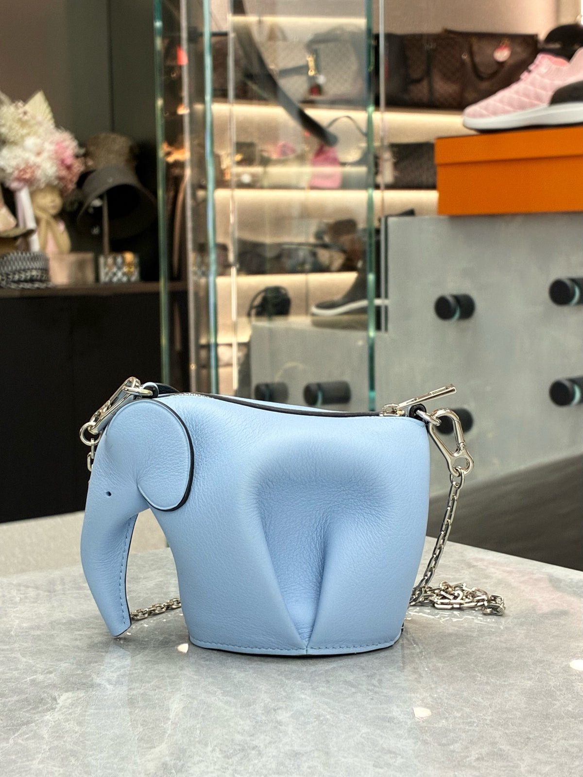LOEWE Mini Elephant Shoulder Bag – Light Blue Grained Leather with Silver Chain, 99% New