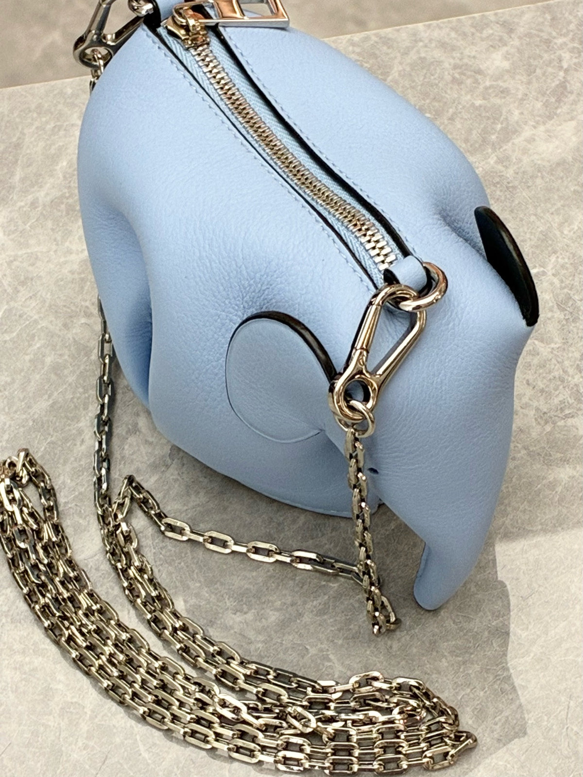 LOEWE Mini Elephant Shoulder Bag – Light Blue Grained Leather with Silver Chain, 99% New