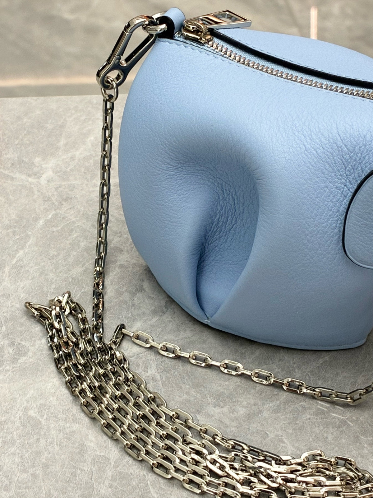 LOEWE Mini Elephant Shoulder Bag – Light Blue Grained Leather with Silver Chain, 99% New