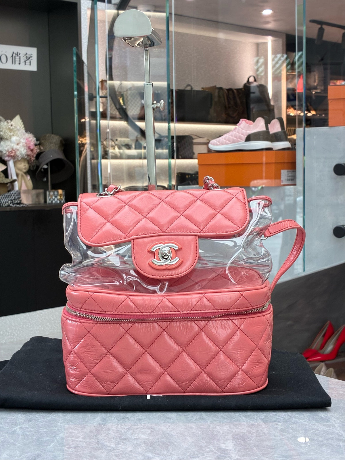CHANEL 18S Backpack – Pink Lambskin and Clear PVC with Silver-Tone CC, 24 x 11 x 22 cm, Good Pre-Owned