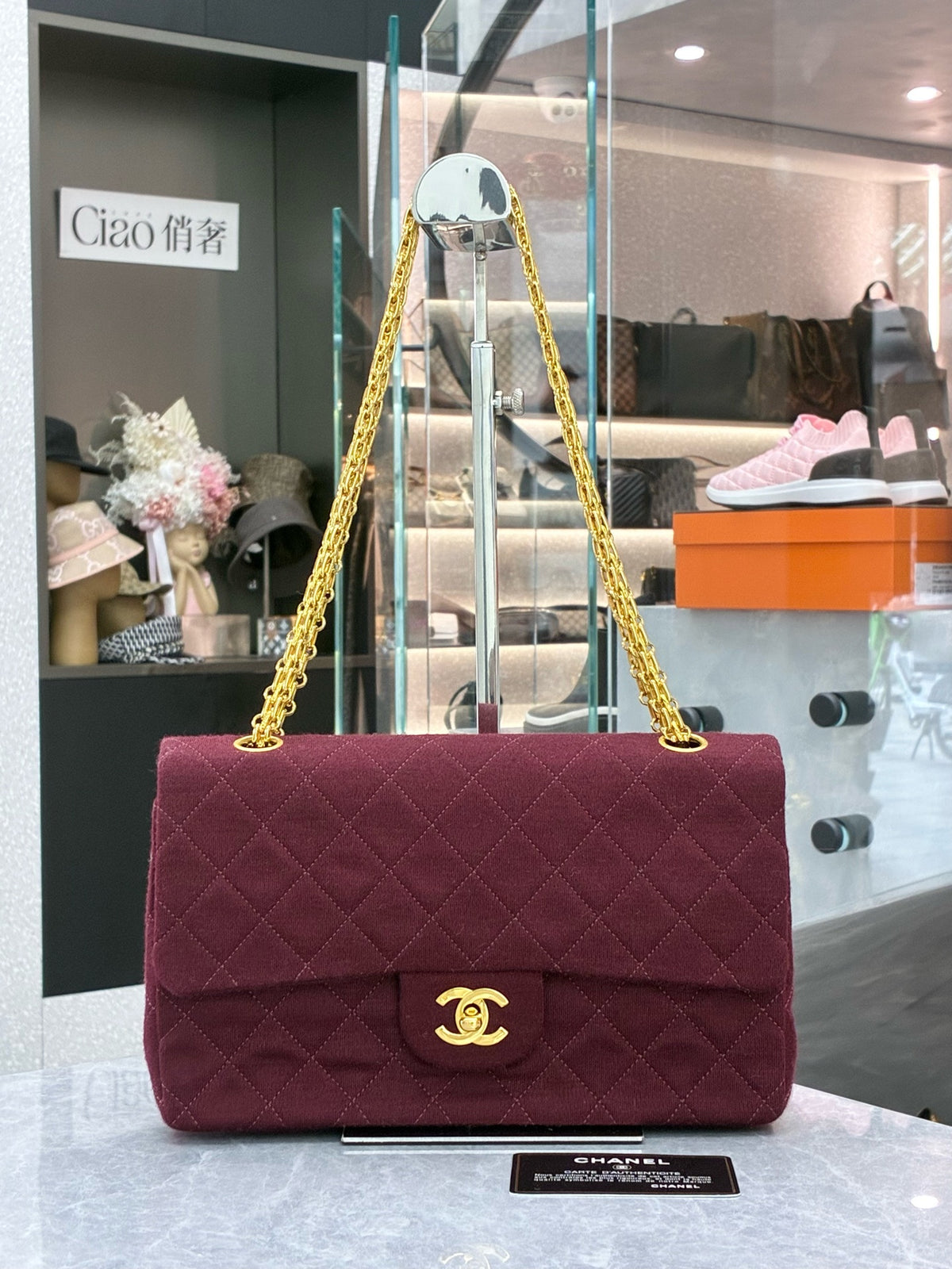 CHANEL Double Flap Bag – Burgundy Tweed with Gold-Tone CC and Chain Strap, Good Pre-Owned