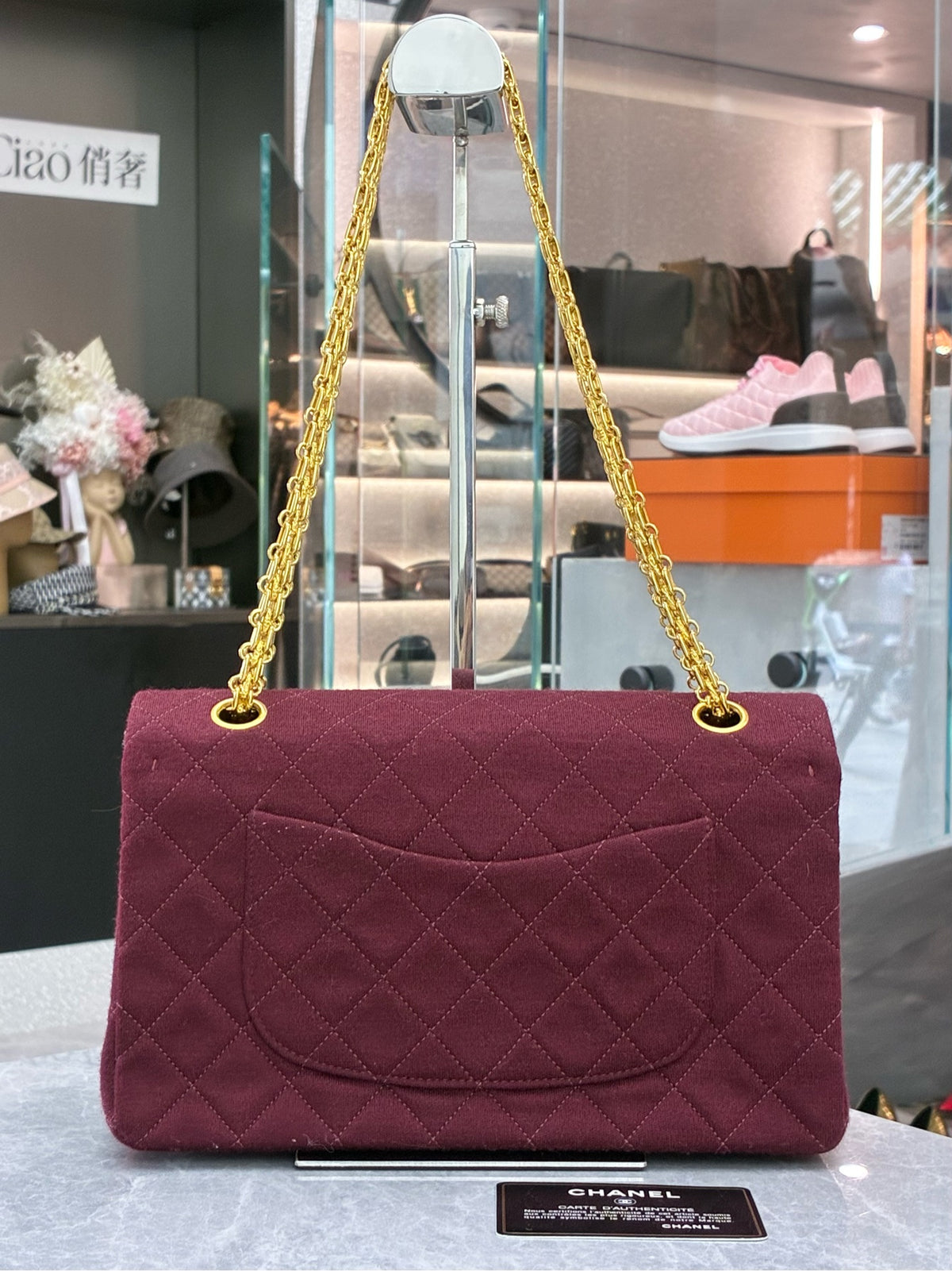 CHANEL Double Flap Bag – Burgundy Tweed with Gold-Tone CC and Chain Strap, Good Pre-Owned