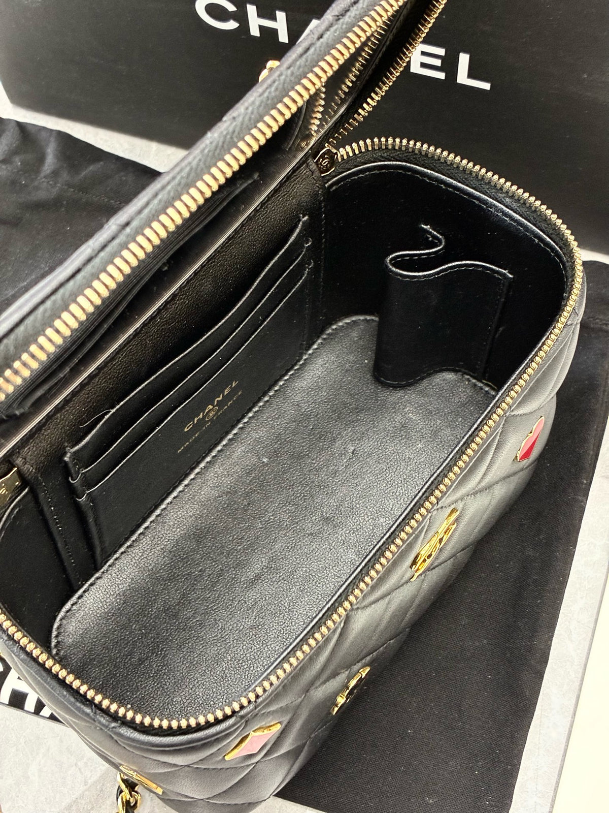 CHANEL 22K Vanity Case – Black Quilted Lambskin with Gold-Tone Chain and Poker-Suit Appliqués, Microchip Era, Good Pre-Owned