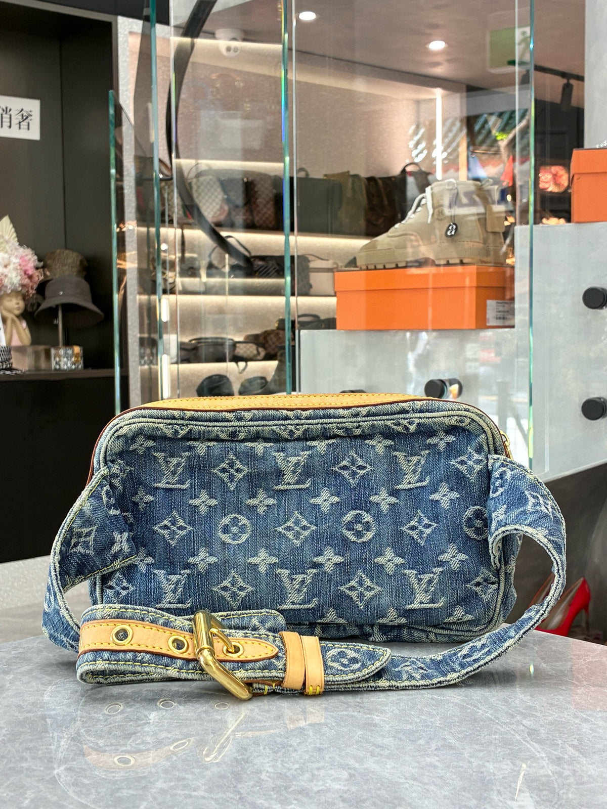 LOUIS VUITTON Denim Monogram Bustier Bag – Blue Denim with Vachetta Trim and Gold-Tone Clasp, Good Pre-Owned