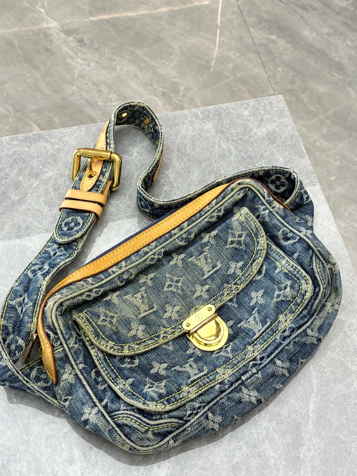 LOUIS VUITTON Denim Monogram Bustier Bag – Blue Denim with Vachetta Trim and Gold-Tone Clasp, Good Pre-Owned
