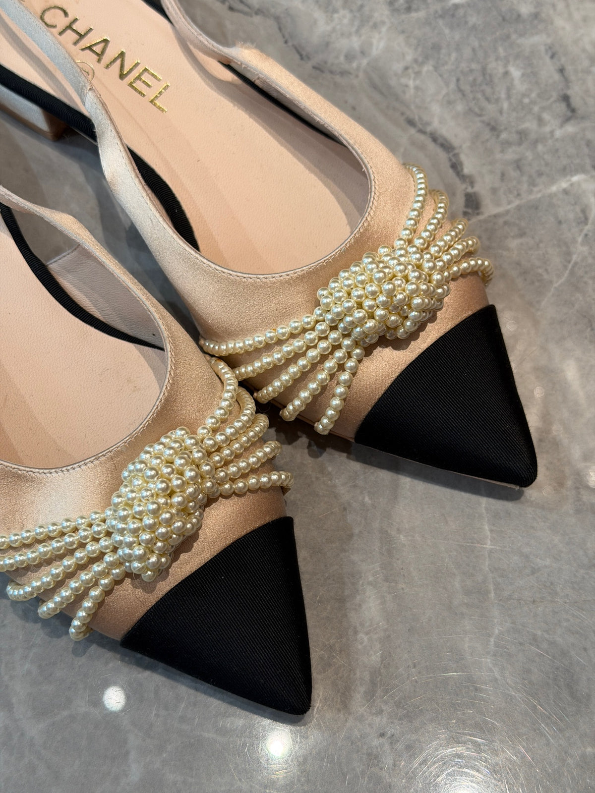 CHANEL Pearl Bow Flat Pump – Cream Satin with Black Grosgrain Toe, Size 37, Excellent Pre-Owned