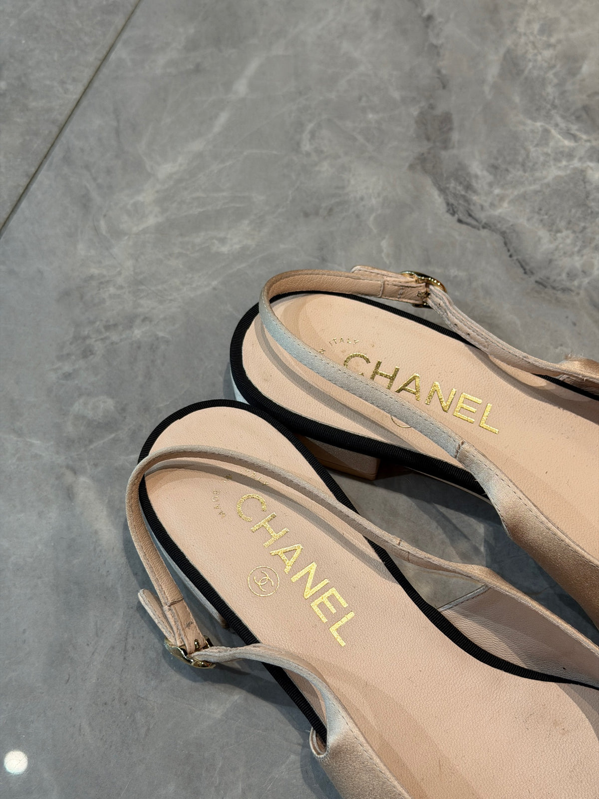 CHANEL Pearl Bow Flat Pump – Cream Satin with Black Grosgrain Toe, Size 37, Excellent Pre-Owned