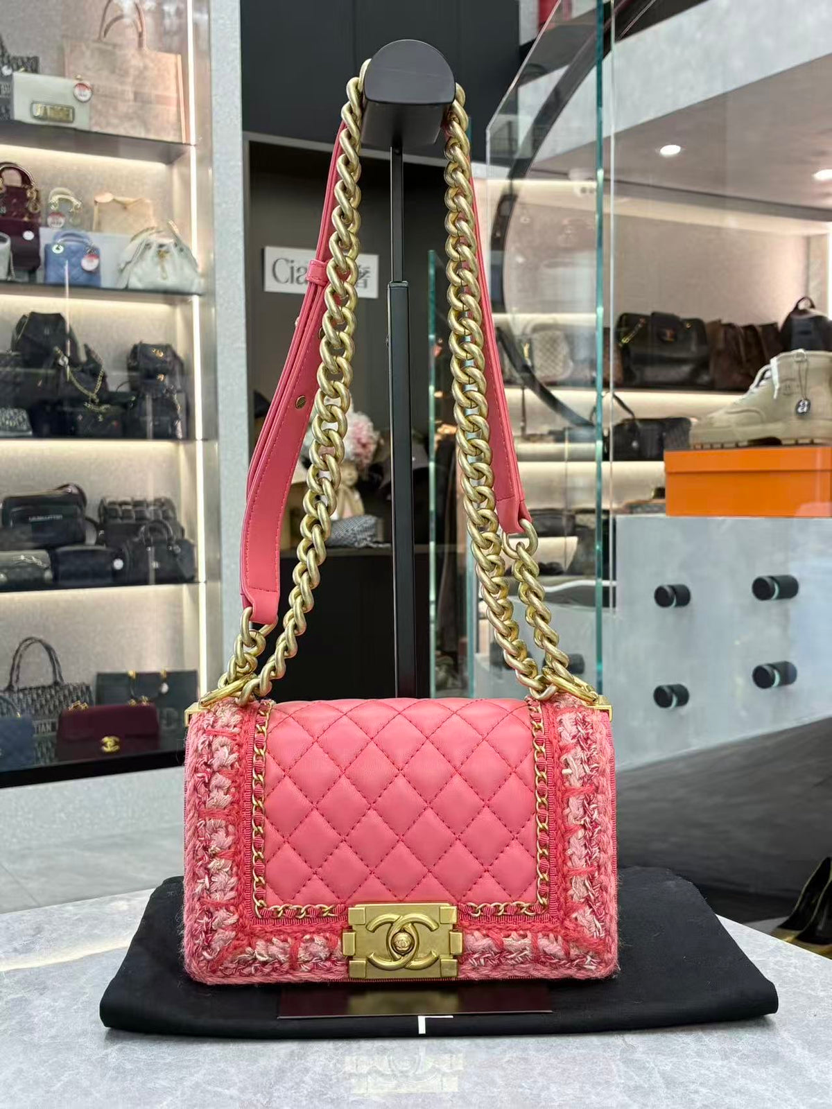 CHANEL Le Boy Small – Coral Pink Quilted Lambskin with Tweed Trim and Gold-Tone Hardware, 23 Series, Excellent Pre-Owned