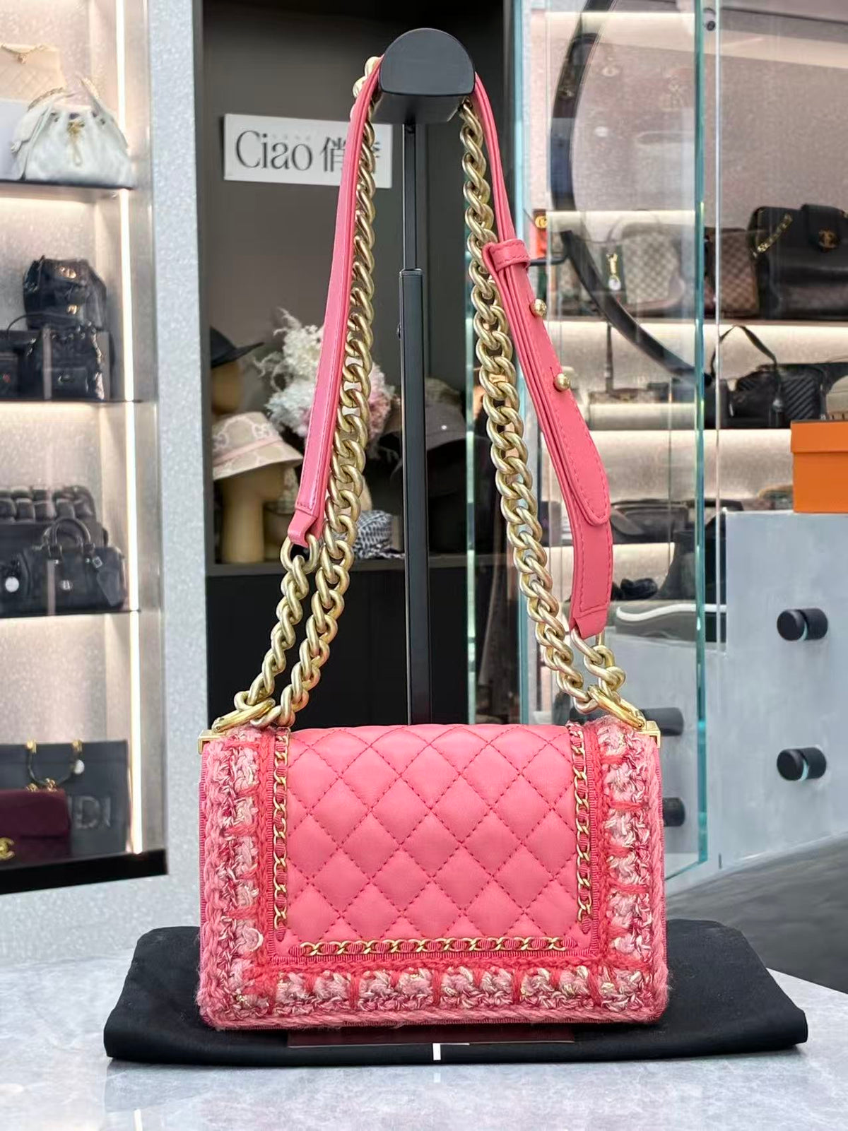 CHANEL Le Boy Small – Coral Pink Quilted Lambskin with Tweed Trim and Gold-Tone Hardware, 23 Series, Excellent Pre-Owned