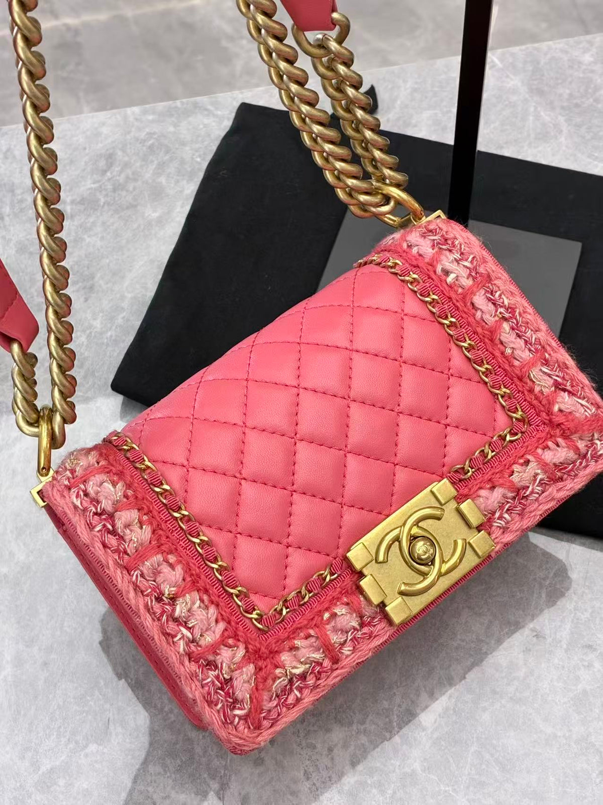 CHANEL Le Boy Small – Coral Pink Quilted Lambskin with Tweed Trim and Gold-Tone Hardware, 23 Series, Excellent Pre-Owned