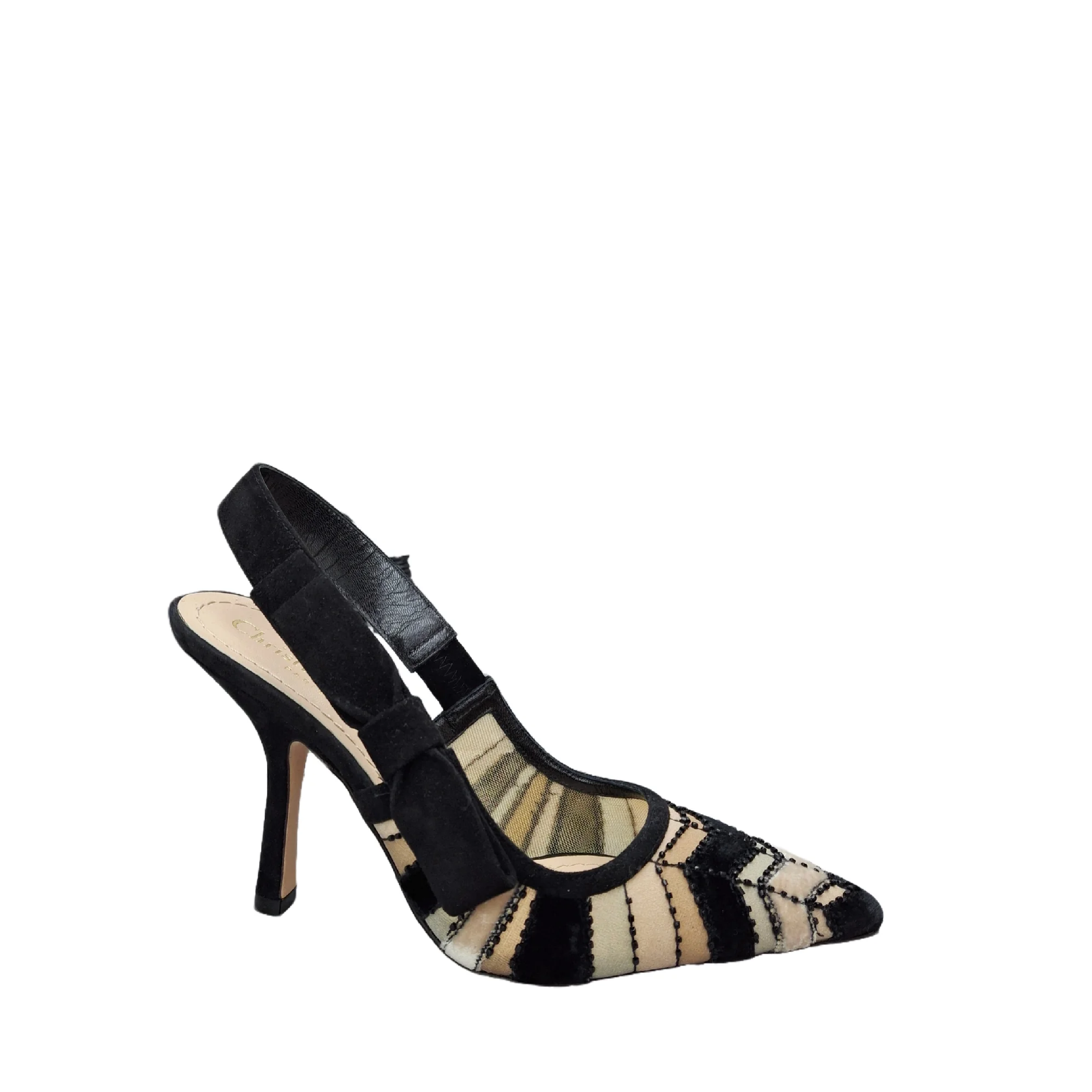 Christian Dior Velvet Striped Slingback Pumps (Black/Beige) 35