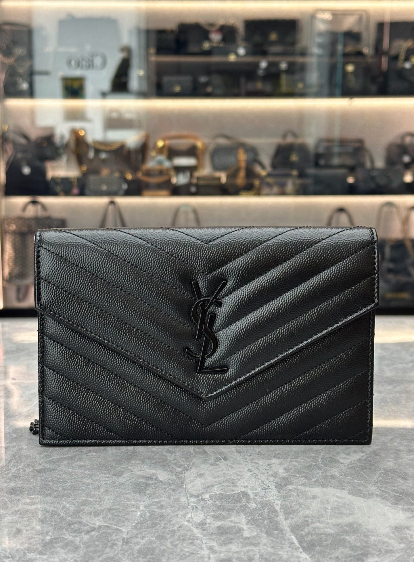 Saint Laurent Cassandre Matelassé Envelope Chain Wallet