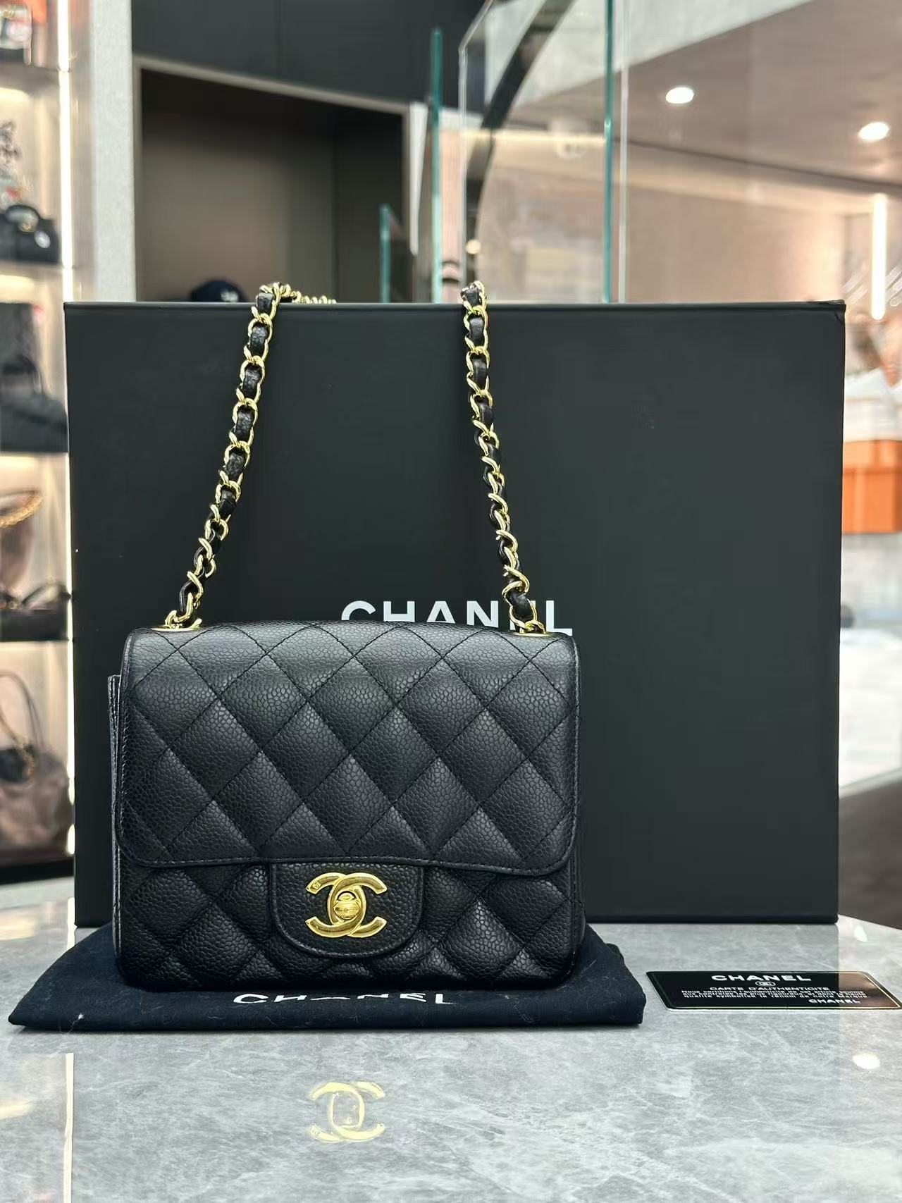 Chanel Mini Square Flap bag in black quilted caviar leather with gold-tone hardware