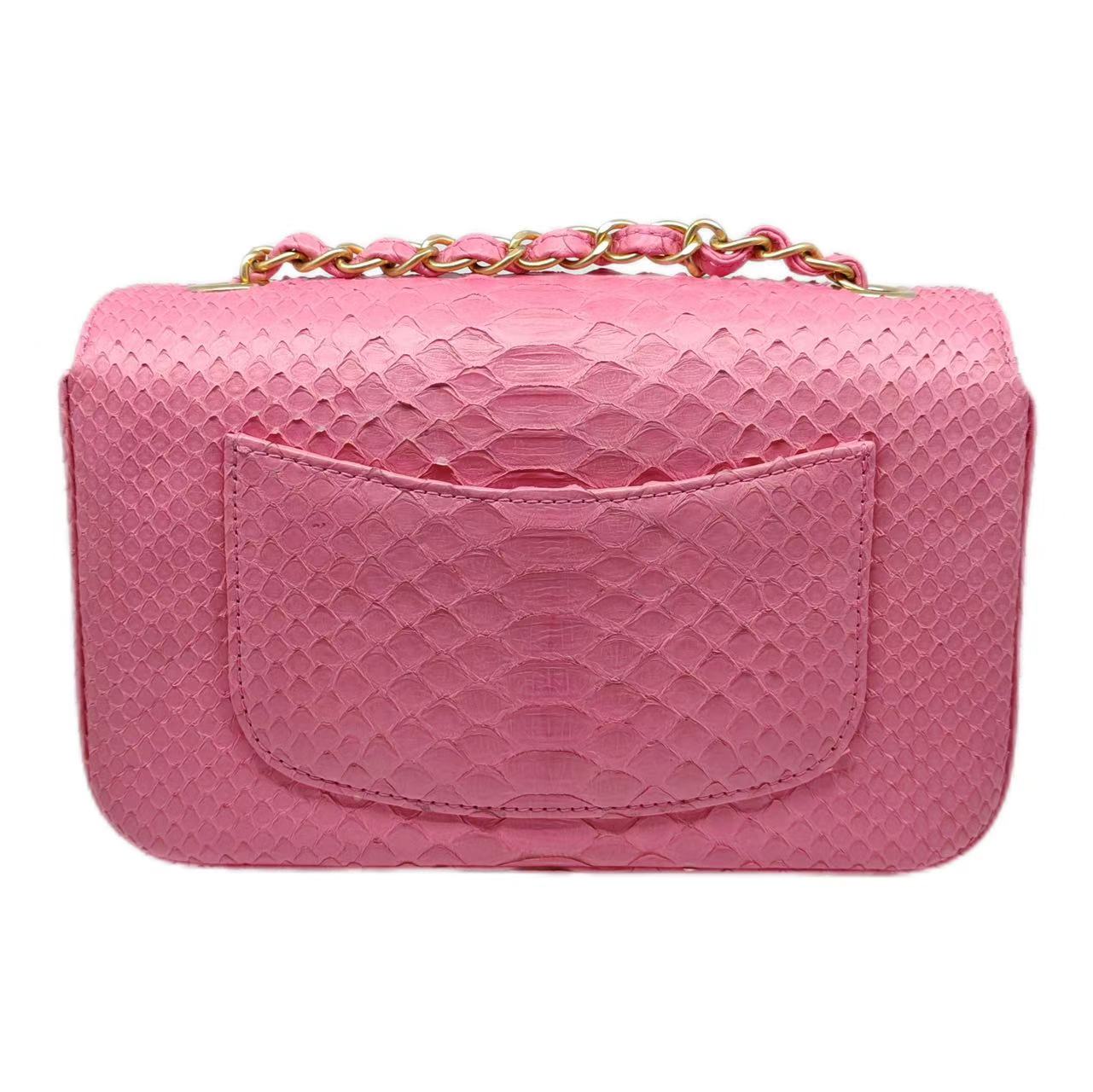 CHANEL mini classic Flap Bag Quilted Python Leather GHW (Dark Pink)