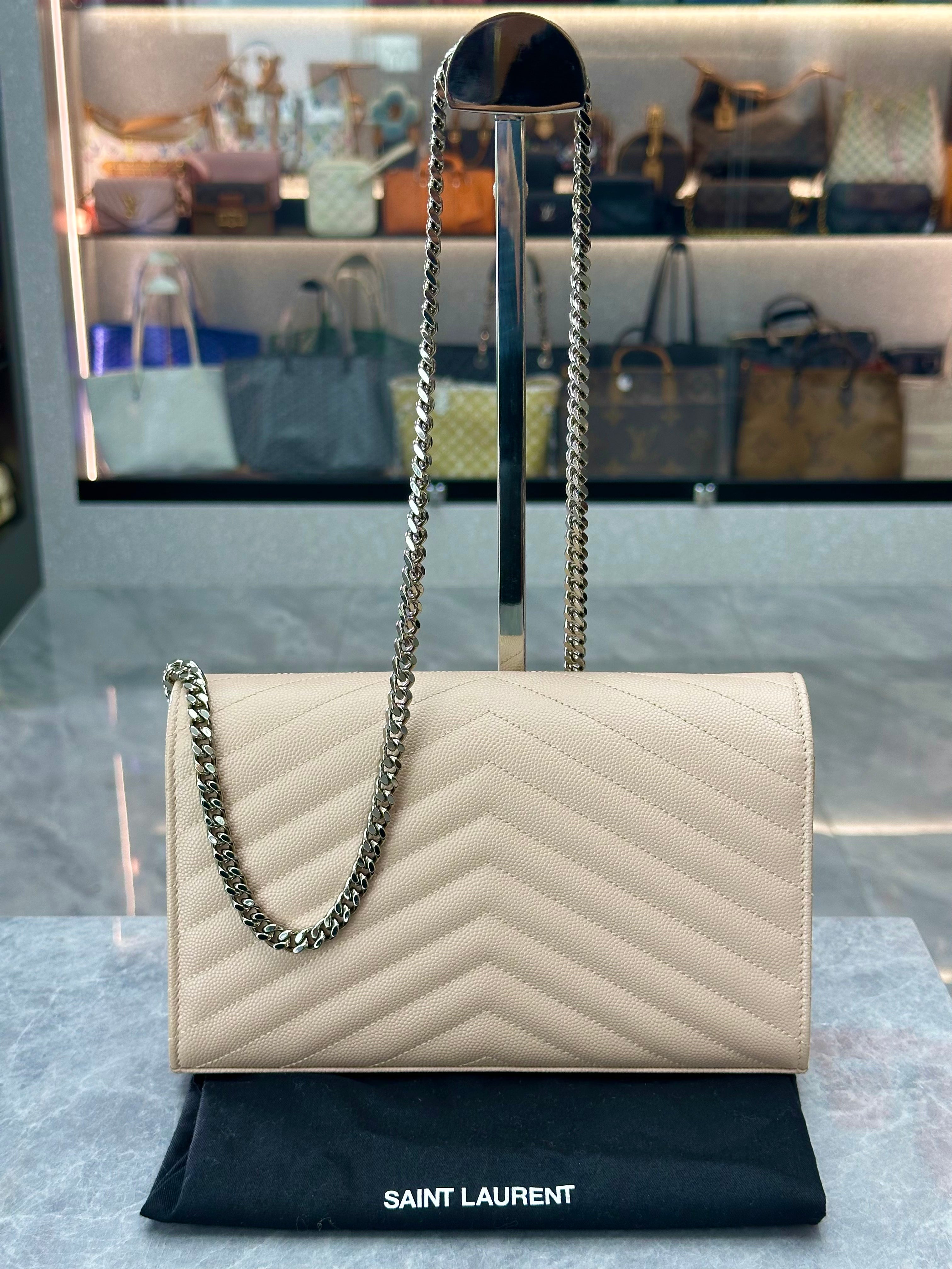 Saint Laurent Pairs YSL CASSANDRE ENVELOPE CHAIN WALLET IN GRAIN DE POUDRE LEATHER DARK BEIGE