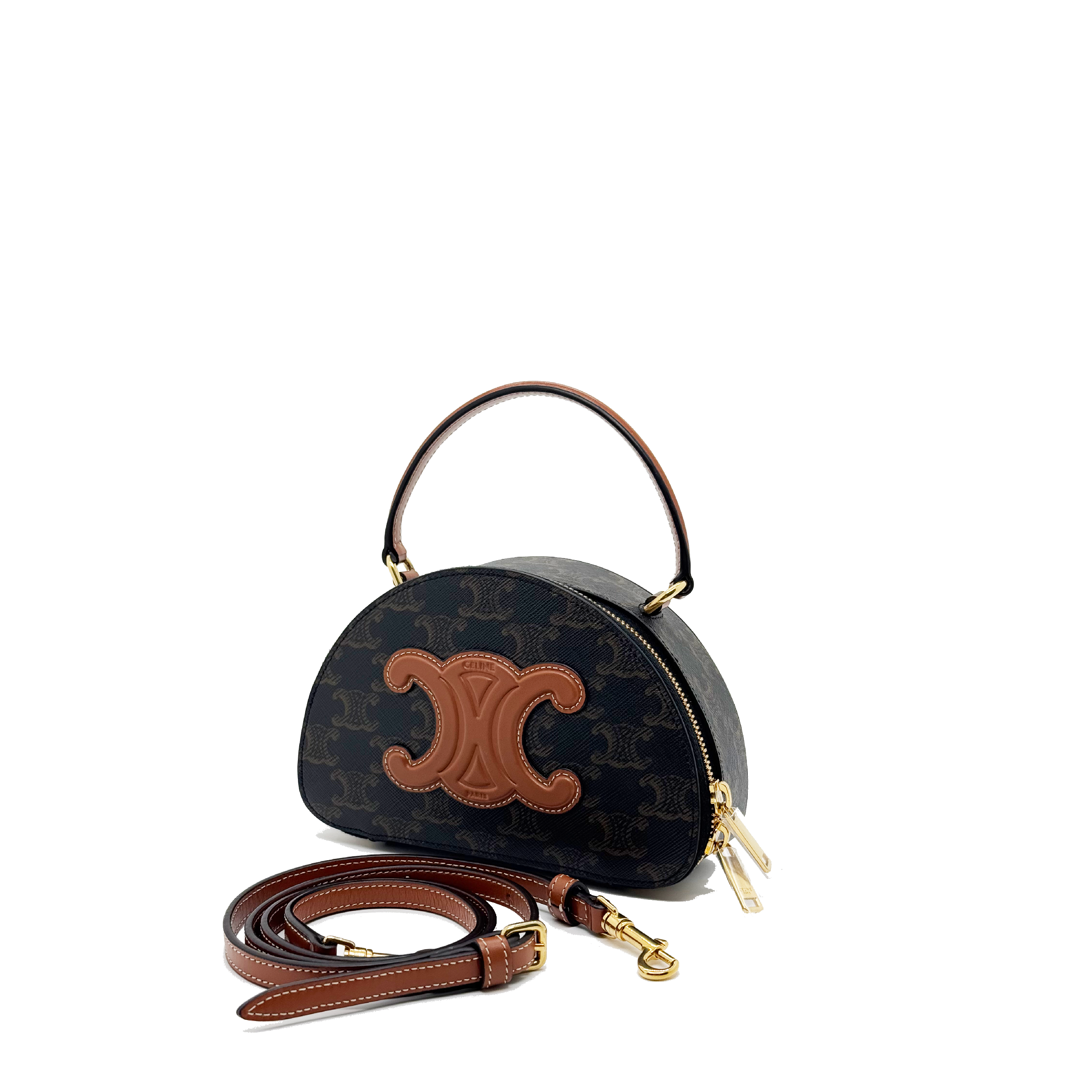 CELINE Calfskin Triomphe Canvas Half Moon Case Tan