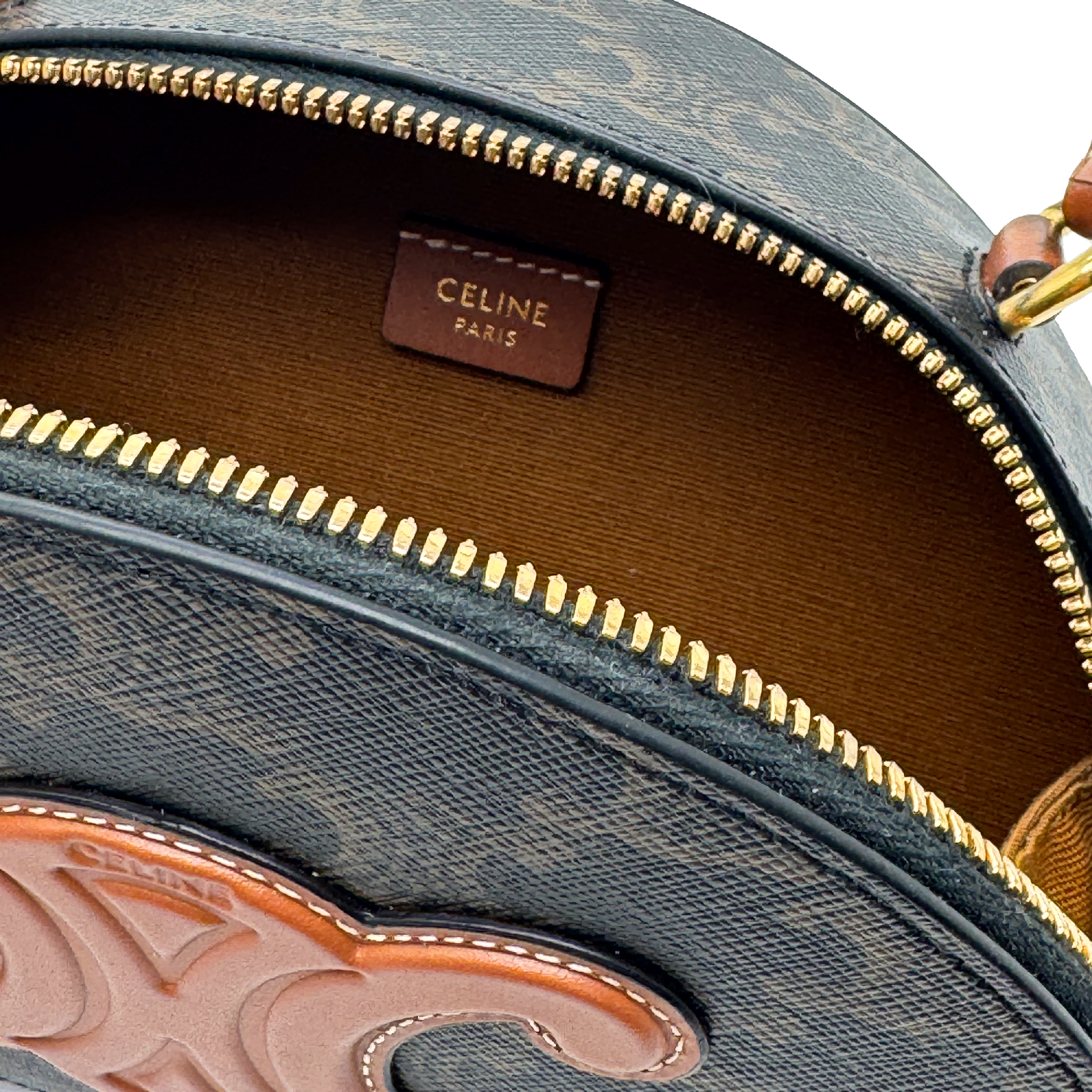 CELINE Calfskin Triomphe Canvas Half Moon Case Tan