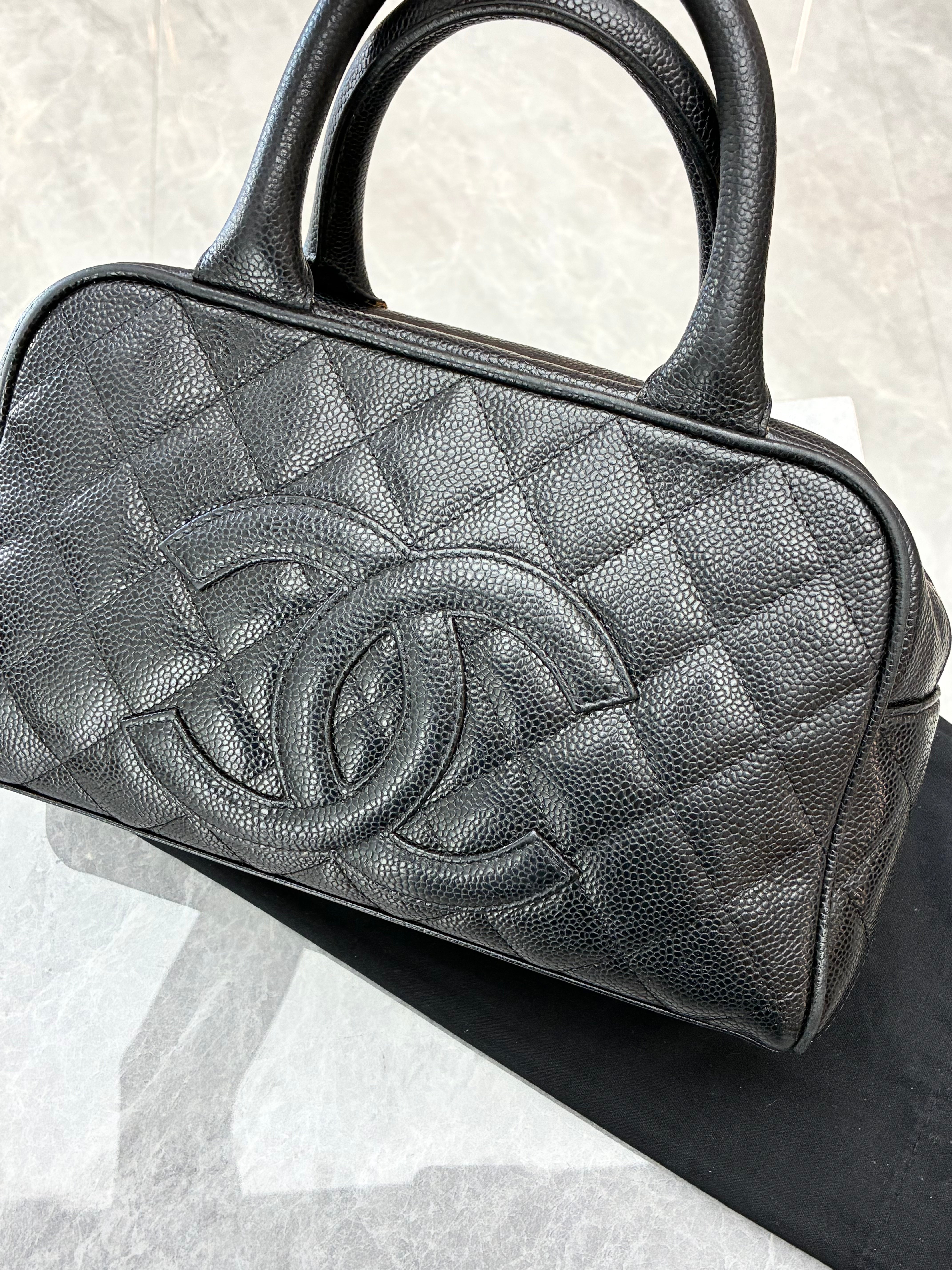 CHANEL Vintage Black Caviar Leather Boston Bag