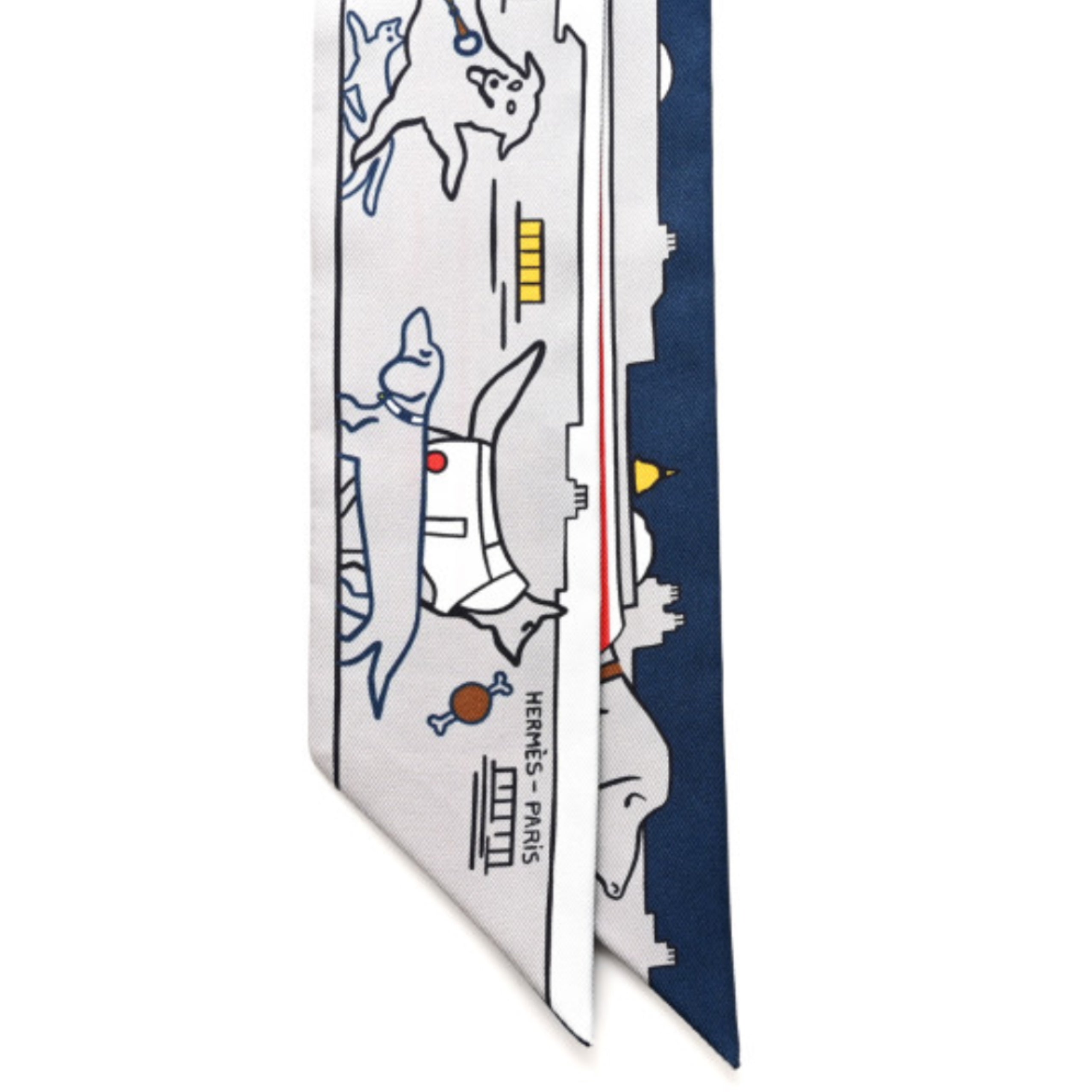 HERMÈS Les Chiens Parisiens Silk Twilly (Bleu/Gris/Jaune)