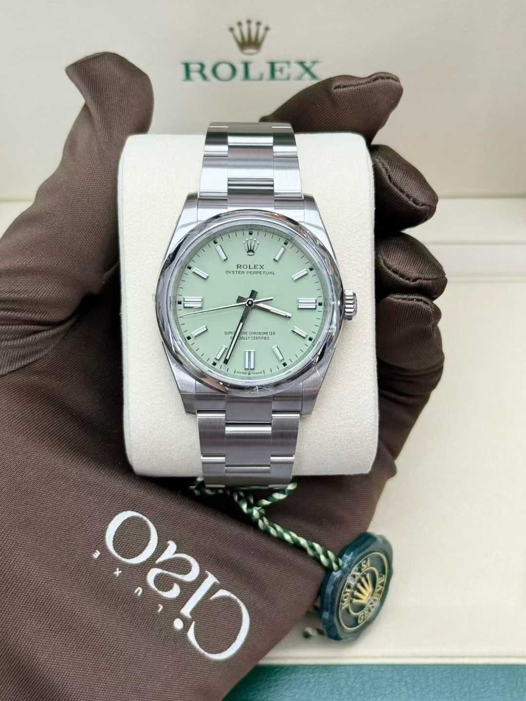 Rolex Oyster Perpetual with the distinctive pistachio green dial (3 sizes available)