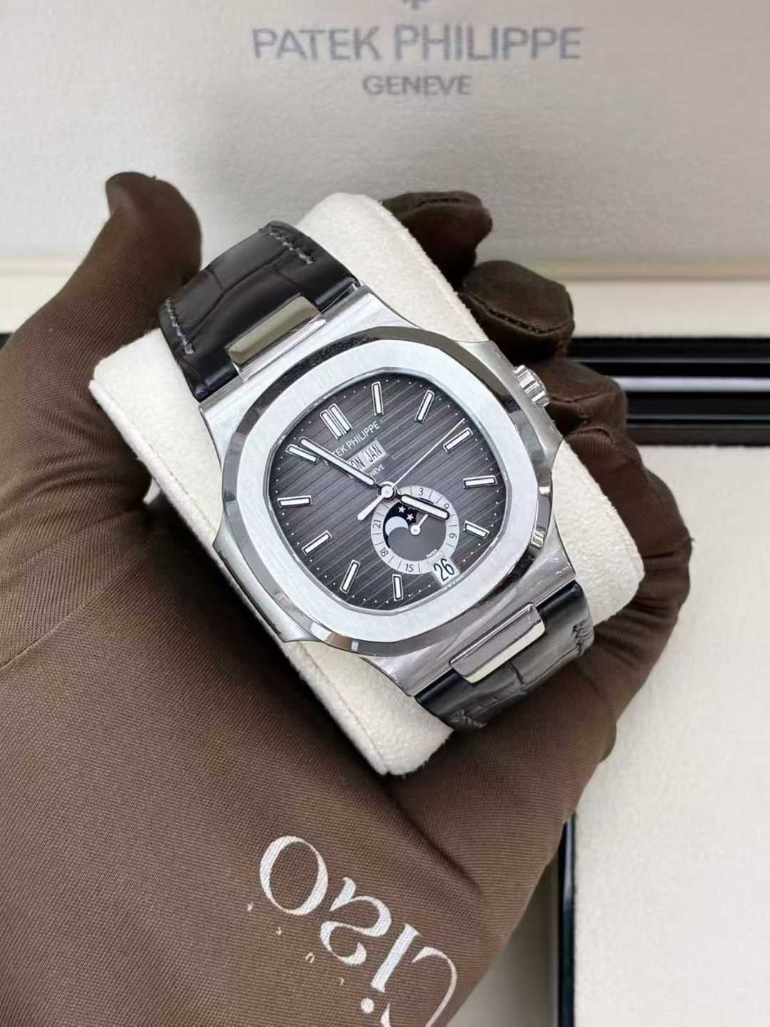 Patek Philippe Nautilus Annual Calendar Moonphase, reference number 5726A-001, featuring a stainless steel case and a black alligator strap