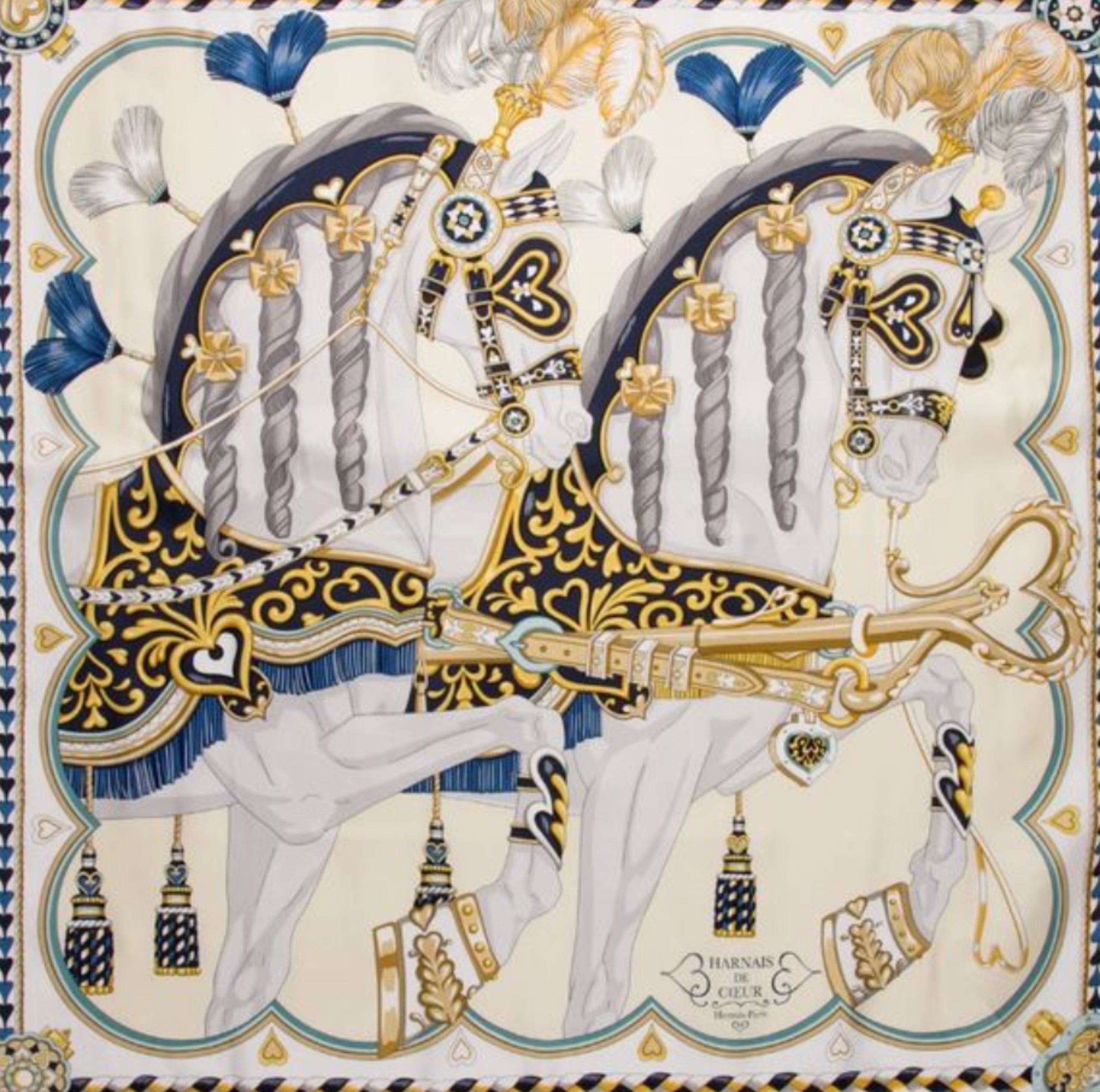 HERMÈS Harnais De Coeur scarf 90 (Crème / Marine / Gold) Designed by Daiske Nomura