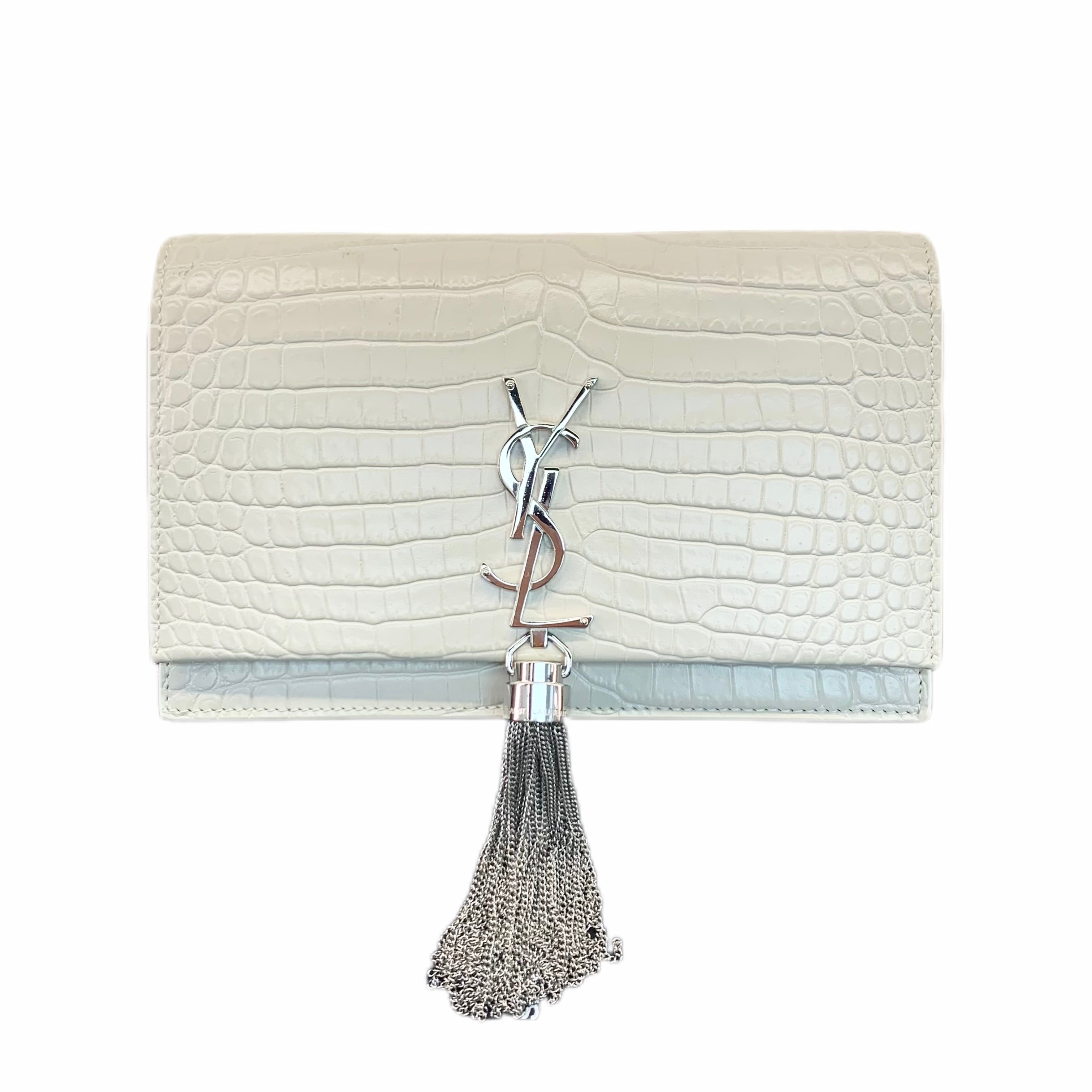 YSL Kate Small Tassel Bag in Crocodile-Embossed Leather (White/Sliver)