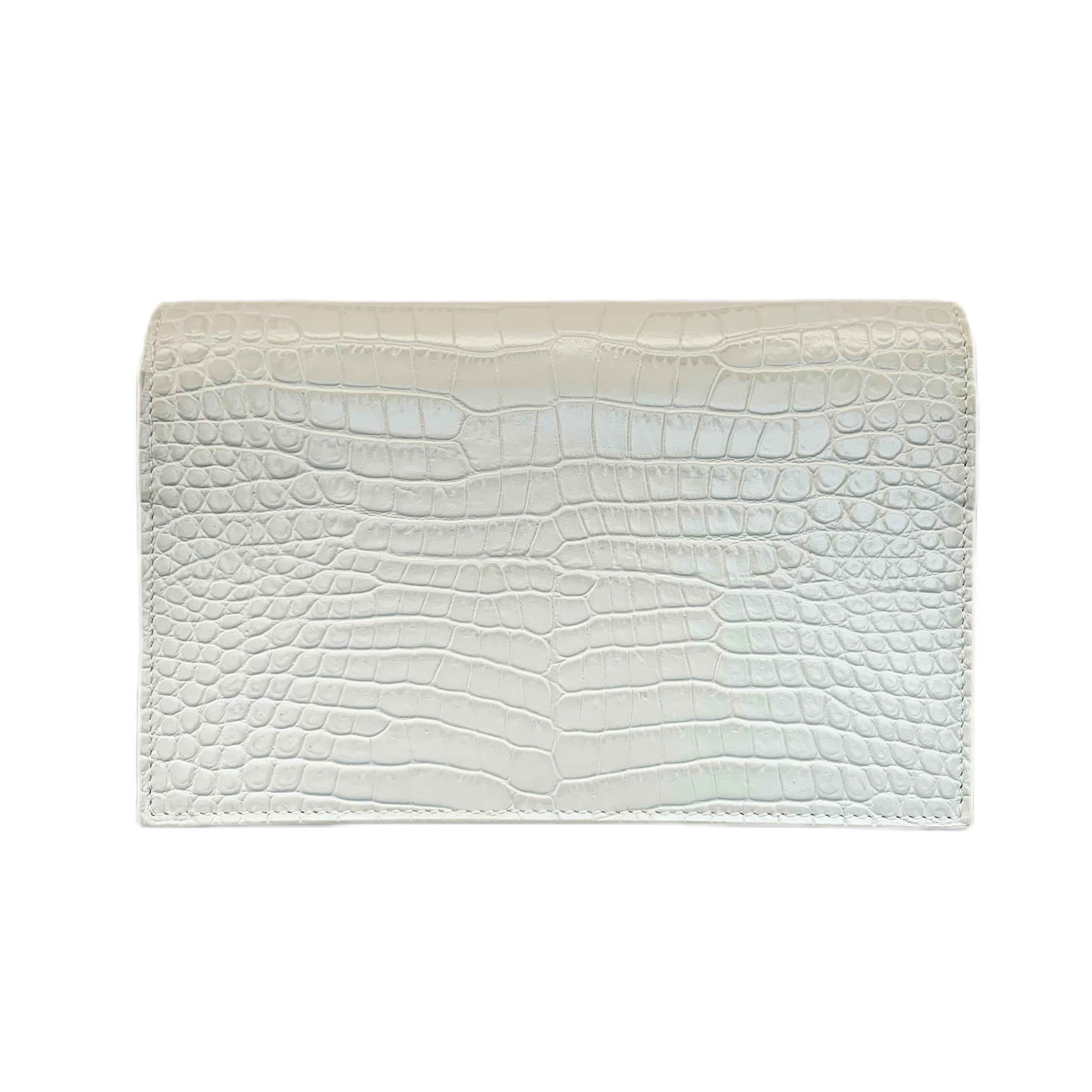 YSL Kate Small Tassel Bag in Crocodile-Embossed Leather (White/Sliver)
