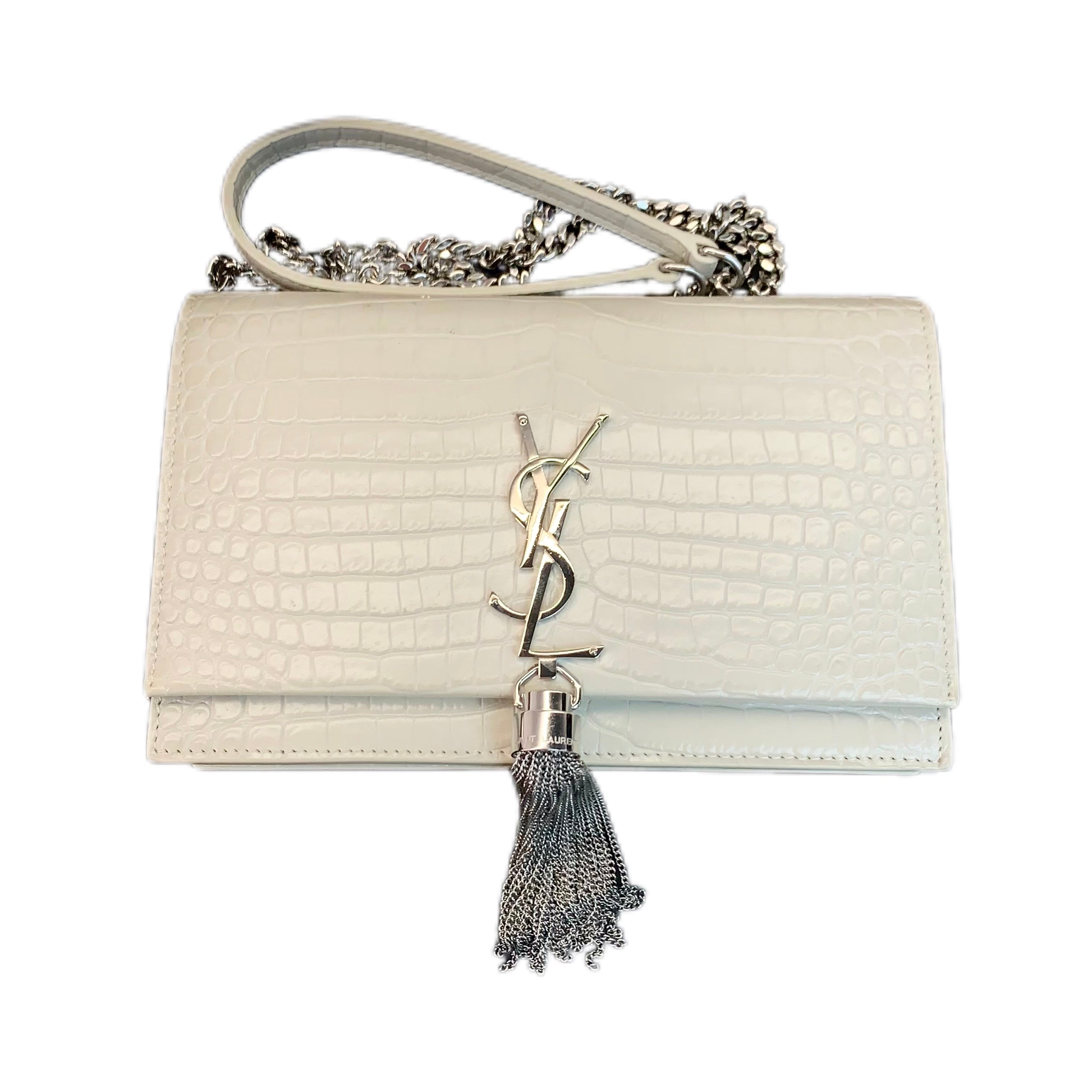 YSL Kate Small Tassel Bag in Crocodile-Embossed Leather (White/Sliver)