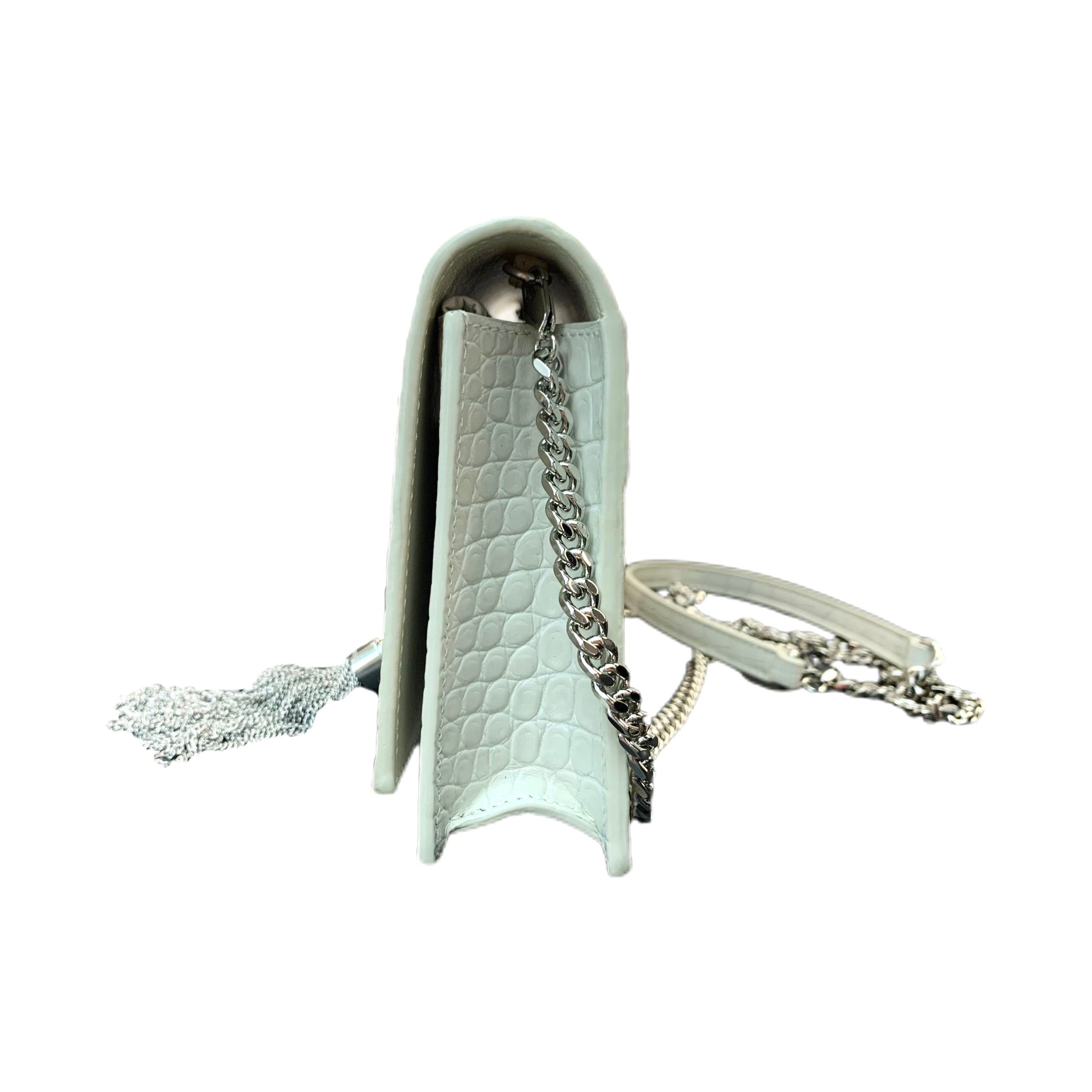 YSL Kate Small Tassel Bag in Crocodile-Embossed Leather (White/Sliver)