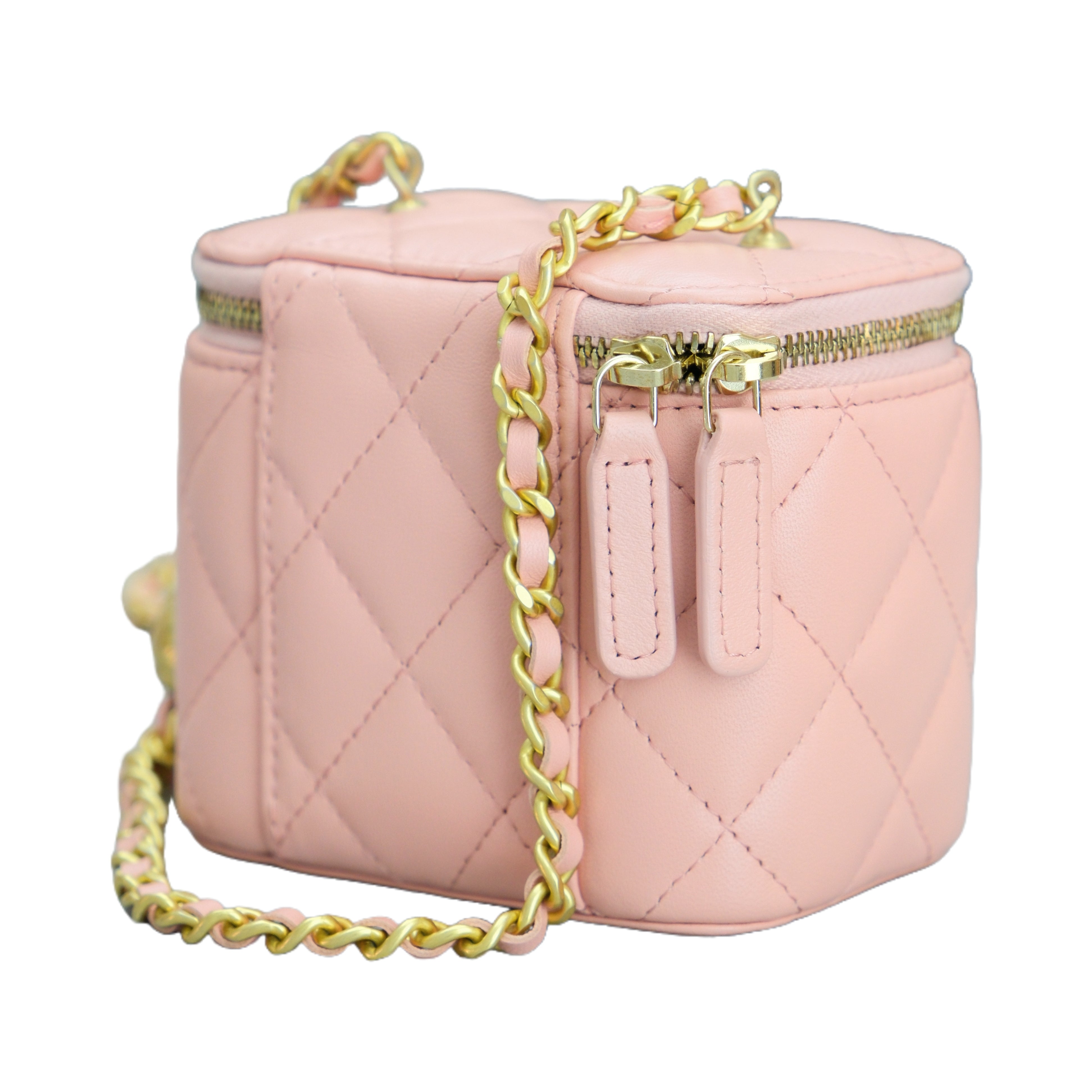 CHANEL MINI Vanity Case with Pearl Crush Clutch with Chain (Pink Caviar)