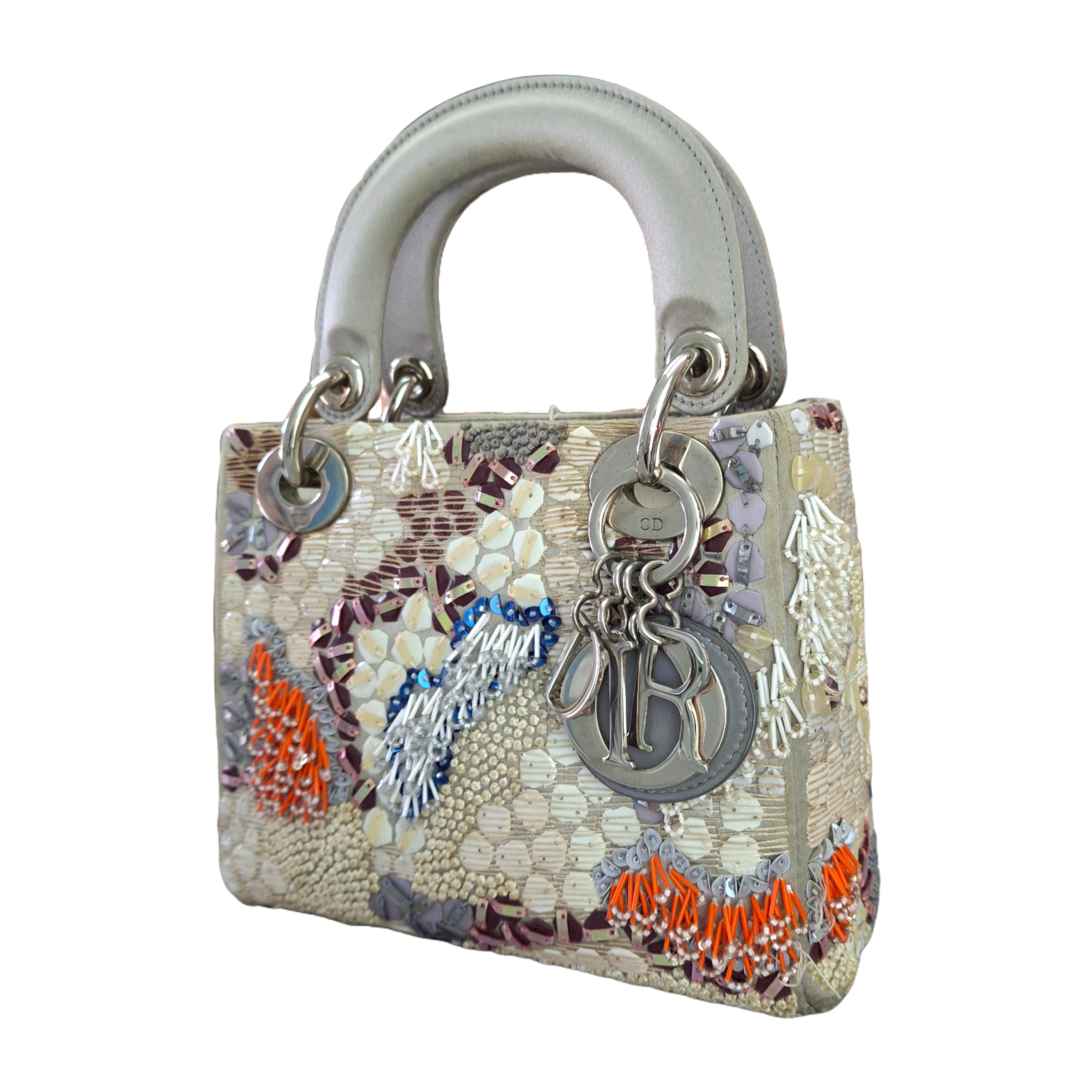 CHRISTIAN DIOR Mini Embroidered ladybag Silvery Gray Satin (Limited Edition)