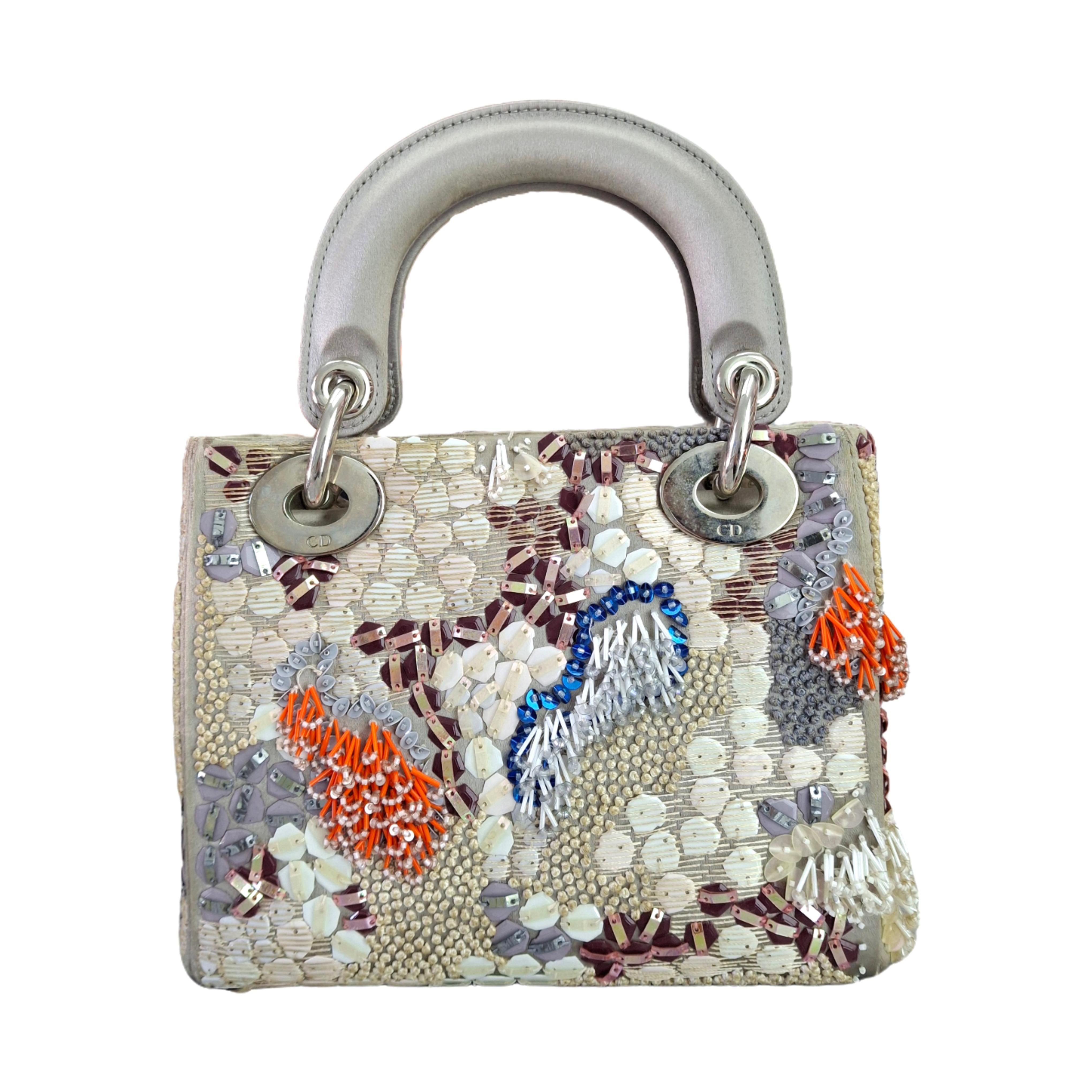 CHRISTIAN DIOR Mini Embroidered ladybag Silvery Gray Satin (Limited Edition)