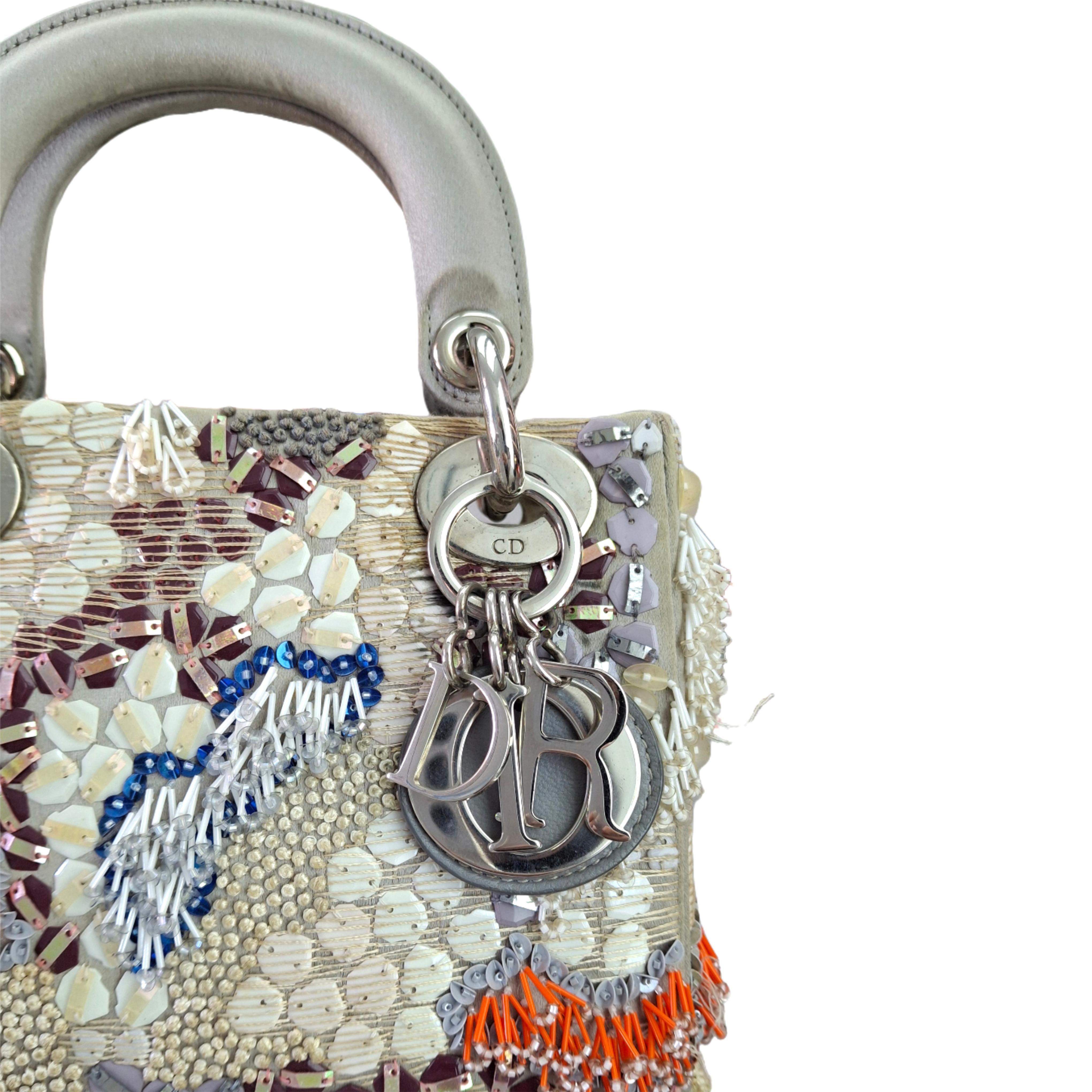 CHRISTIAN DIOR Mini Embroidered ladybag Silvery Gray Satin (Limited Edition)