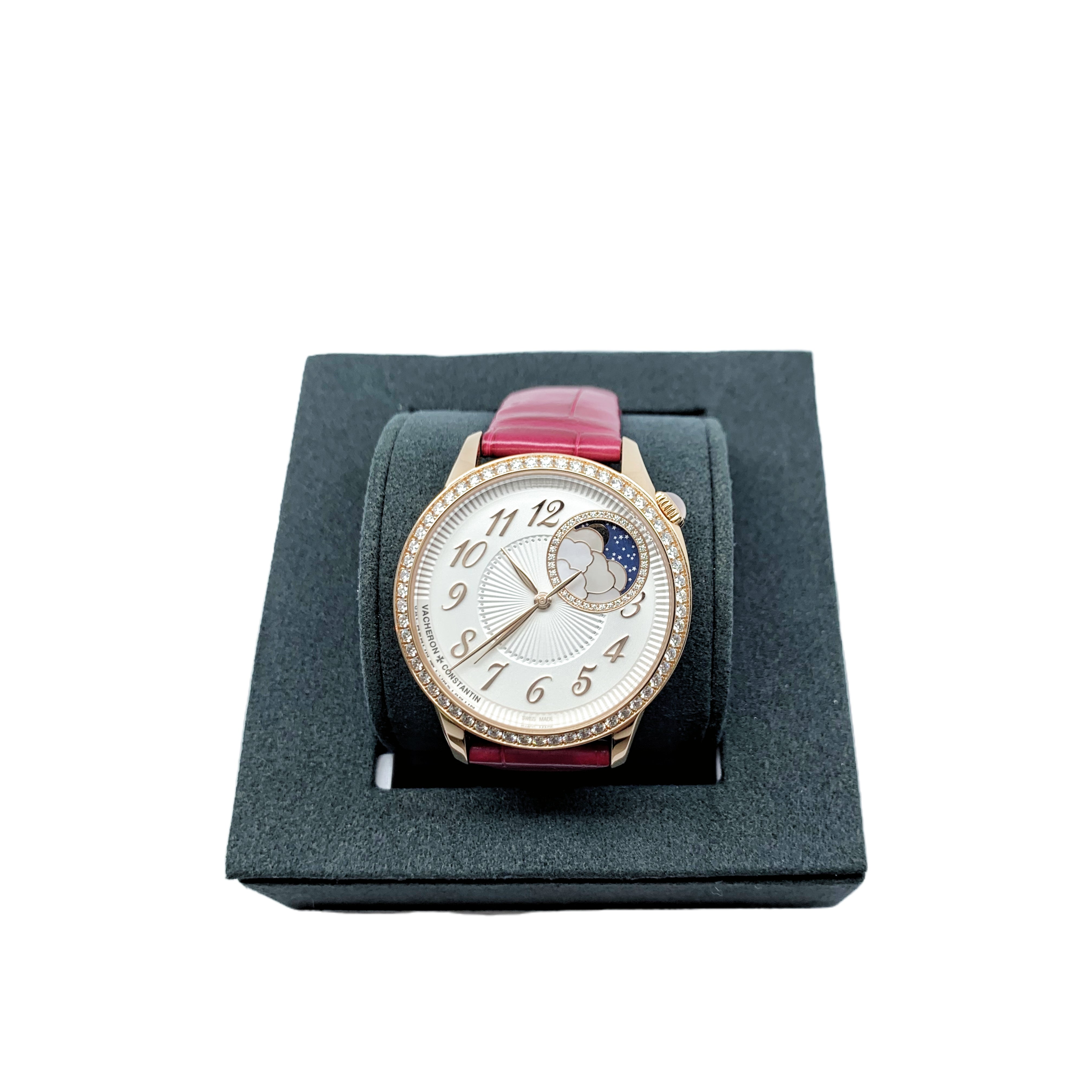 VACHERON CONSTANTIN 8005F/000R-B498 Égérie moon phase 37 Pink Gold, Opaline Silvered Dial with Diamond, Rouge Alligator leather strap