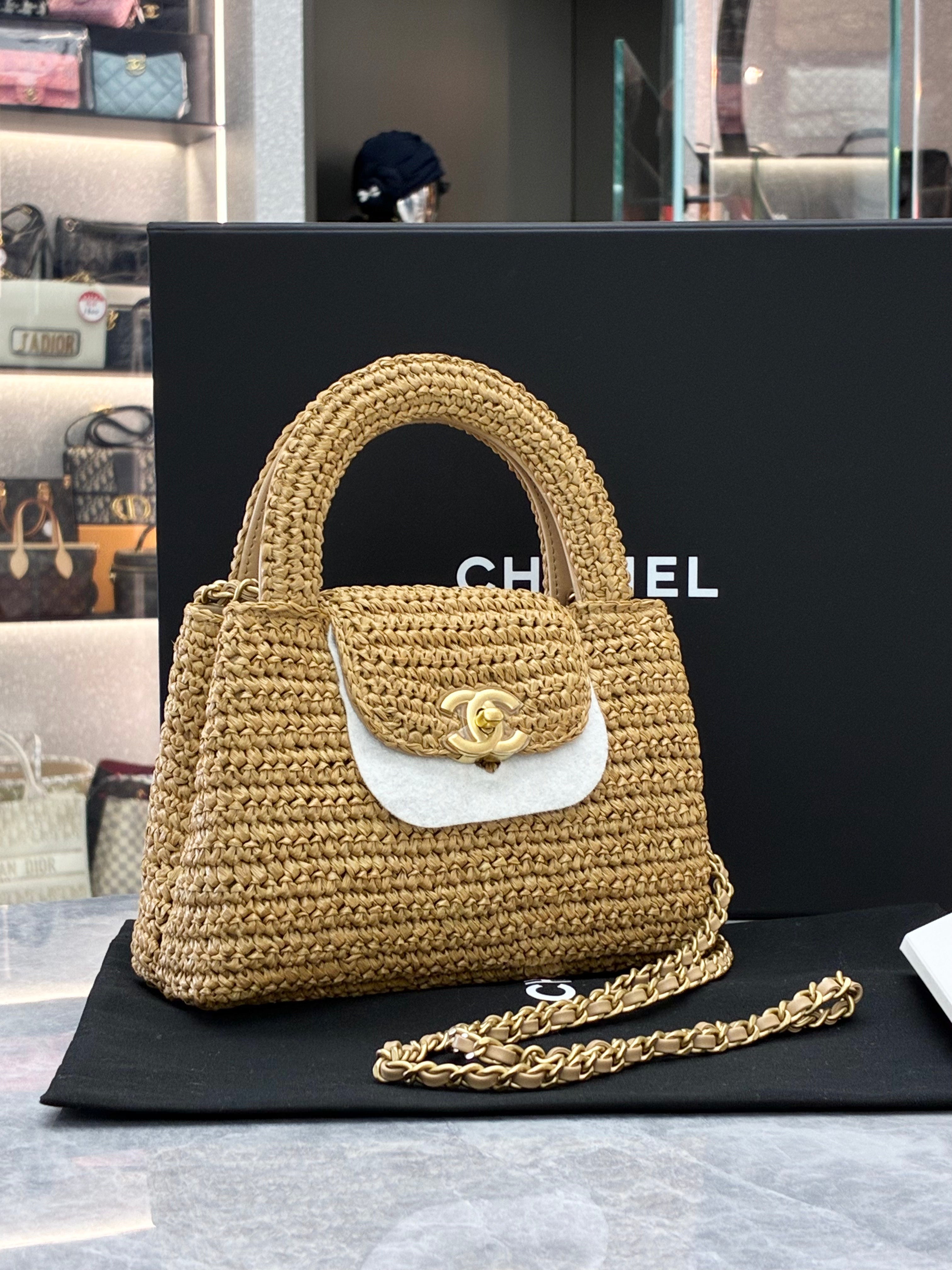 Chanel Cruise 26c Mini Braided Raffia Kelly Bag, dark beige, gold-tone metal hardware