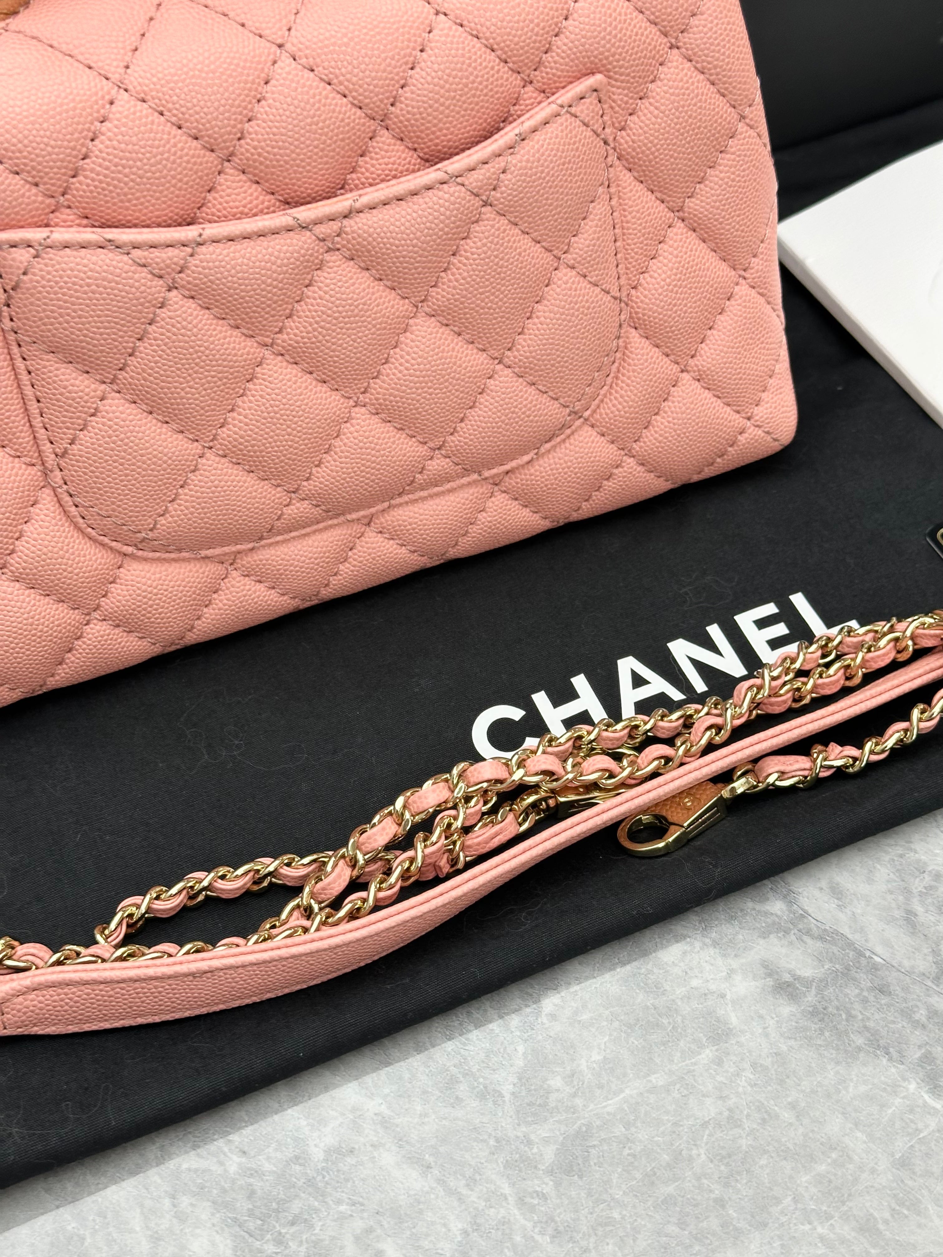 Chanel Boy Bag, soft grapefruit-pink tone with gold-tone hardware