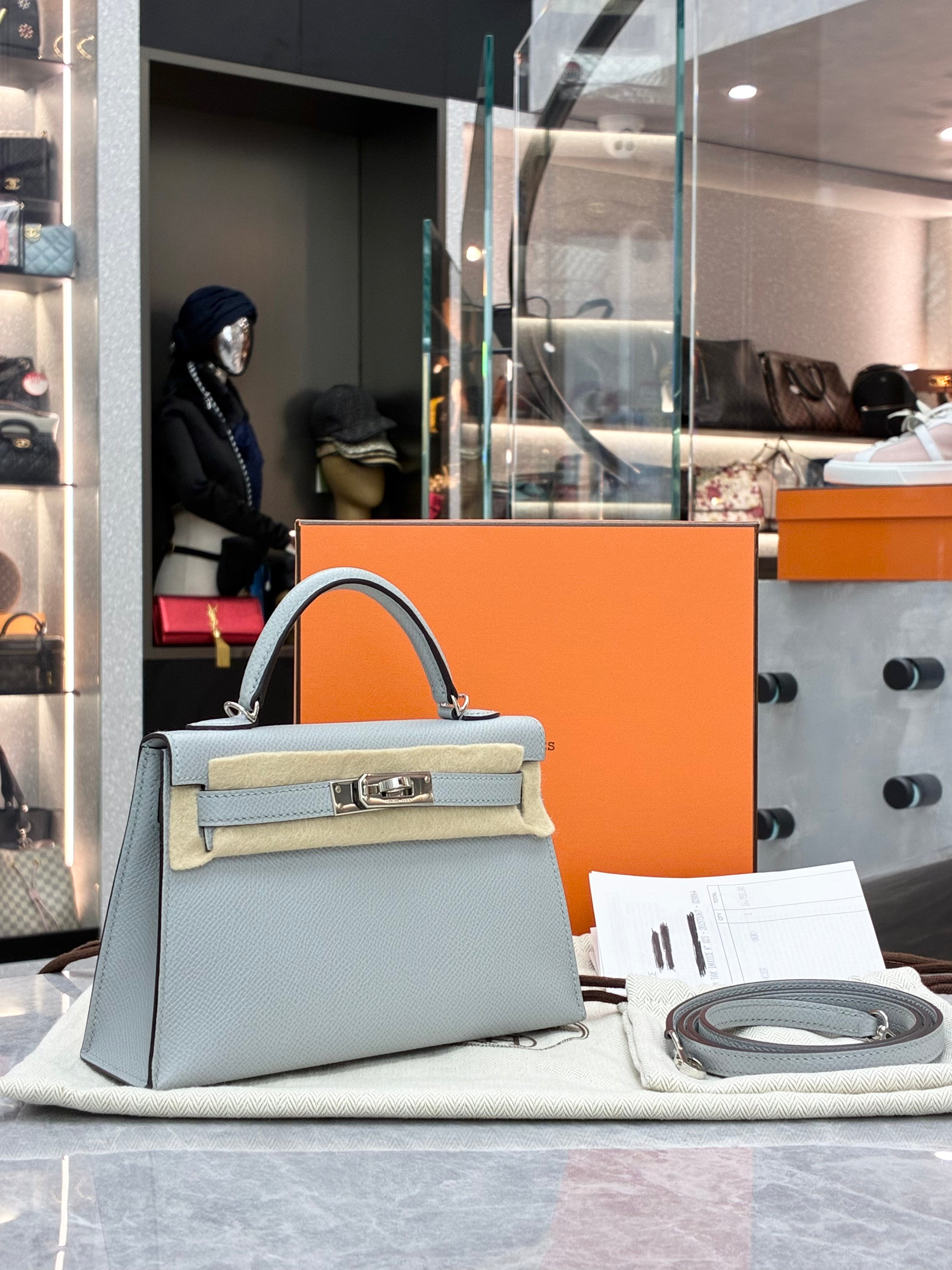 Hermès Mini Kelly II bag in the Bleu Glacier Epsom leather with palladium hardware