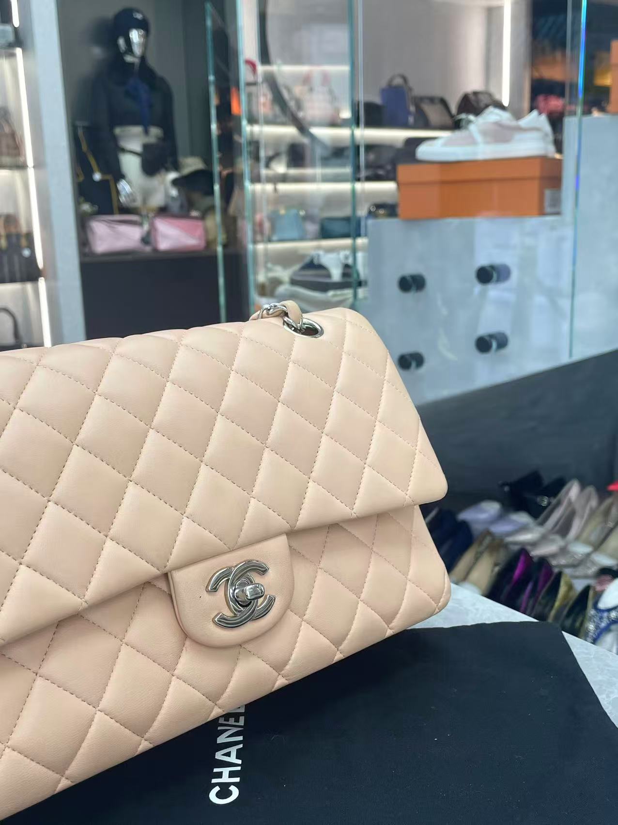 Chanel beige quilted Jumbo Classic Double Flap Bag with silver hardware