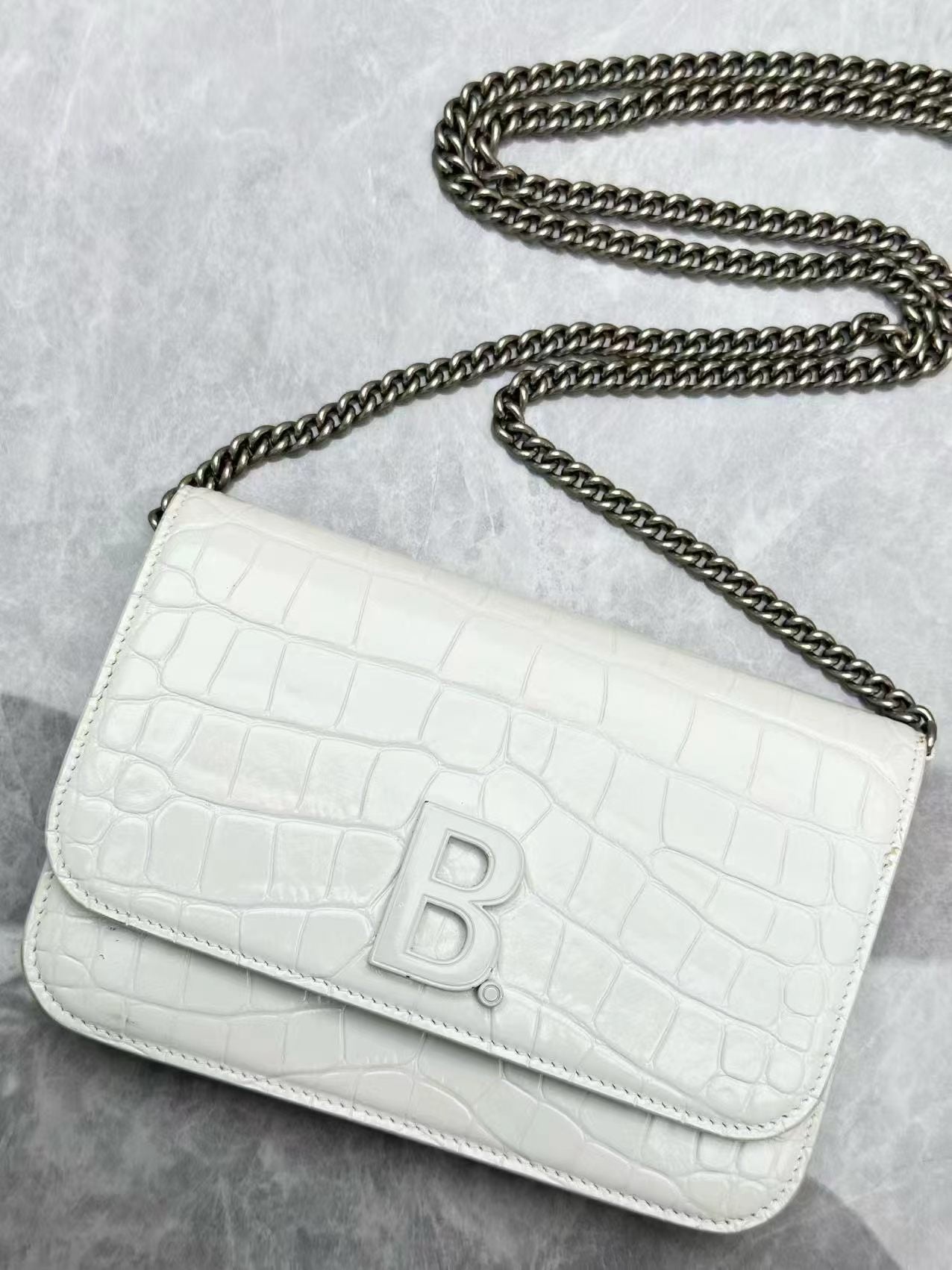 Balenciaga B. crocodile-embossed leather wallet on chain