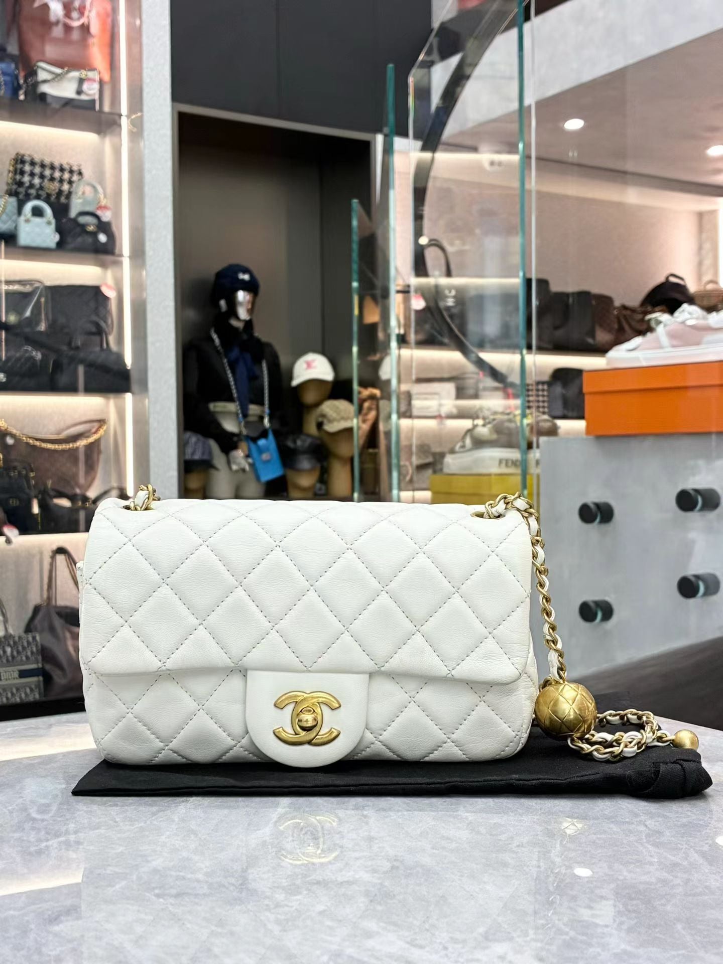 Chanel White Lambskin Pearl Crush Rectangular Flap Bag