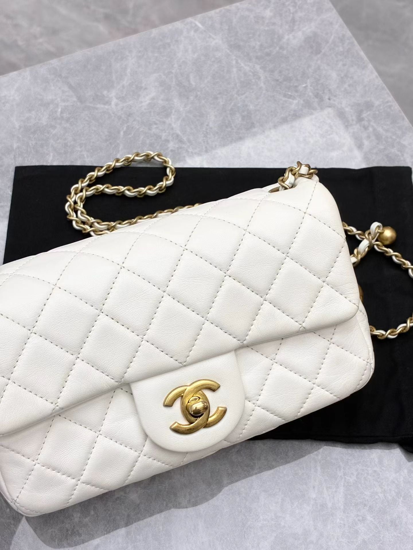 Chanel White Lambskin Pearl Crush Rectangular Flap Bag