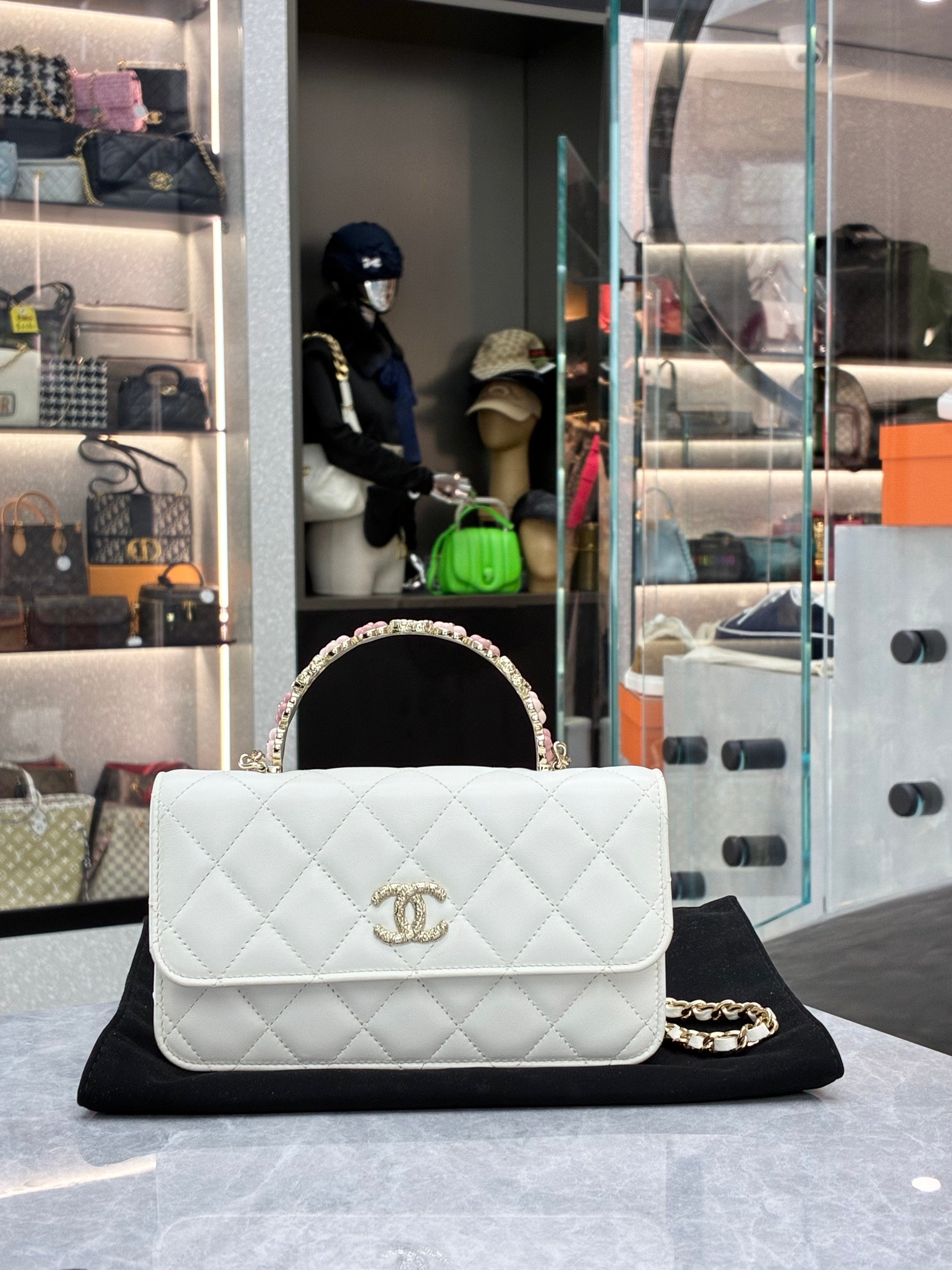 Chanel 23K Floral Handle Bag White GHW