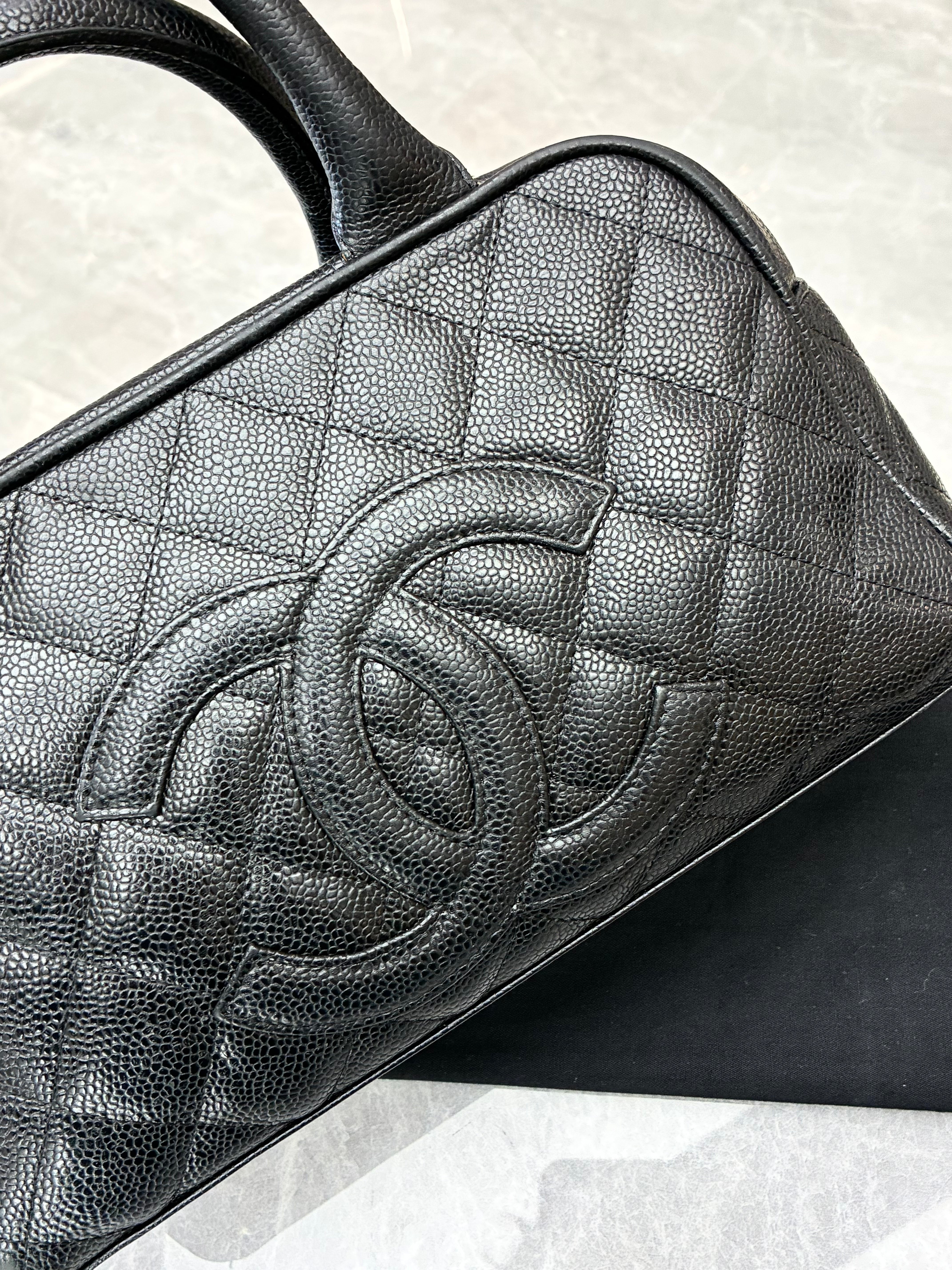 CHANEL Vintage Black Caviar Leather Boston Bag