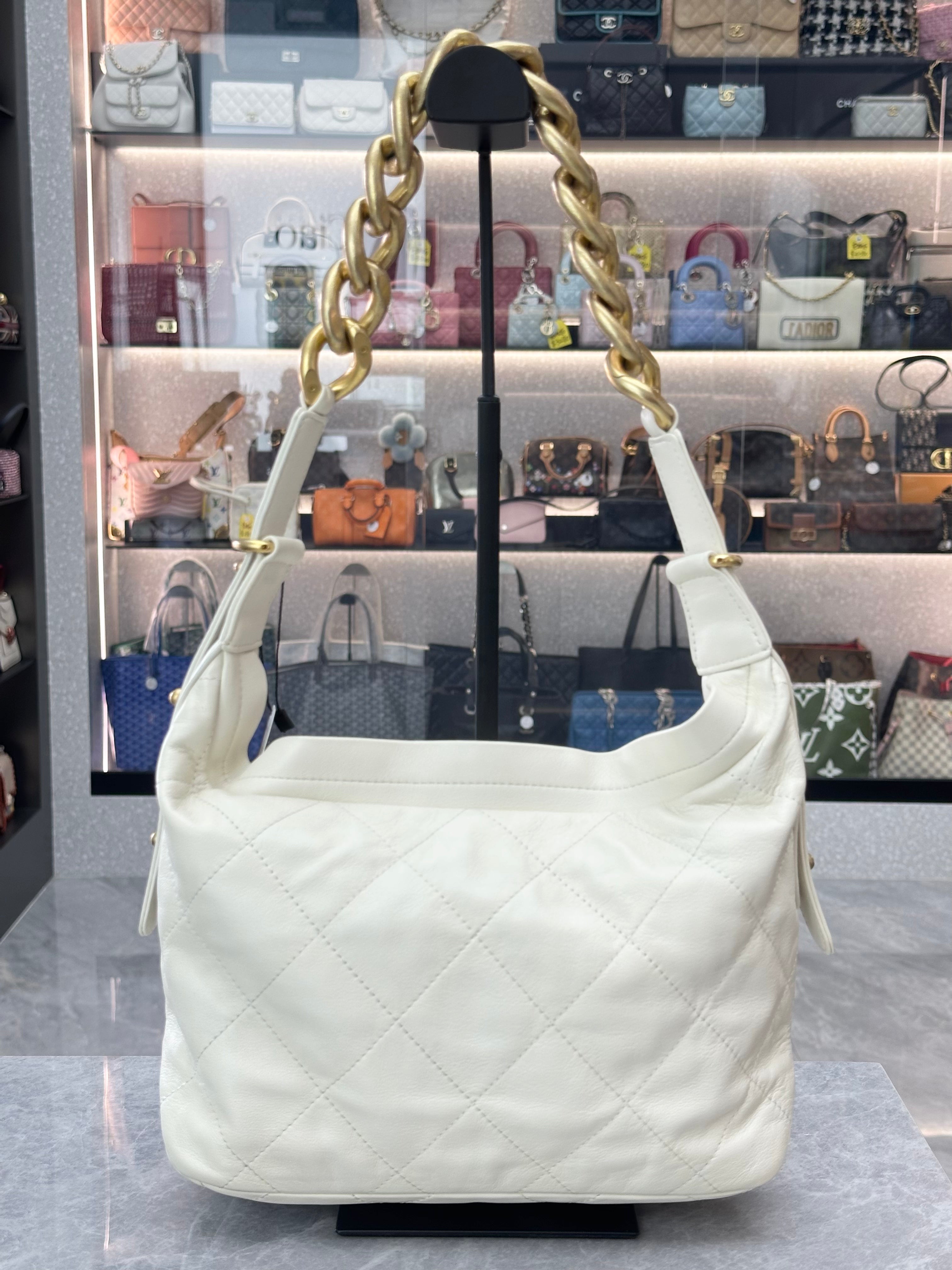 Chanel Hobo Bag Calfskin White Matelasse Gold Metal