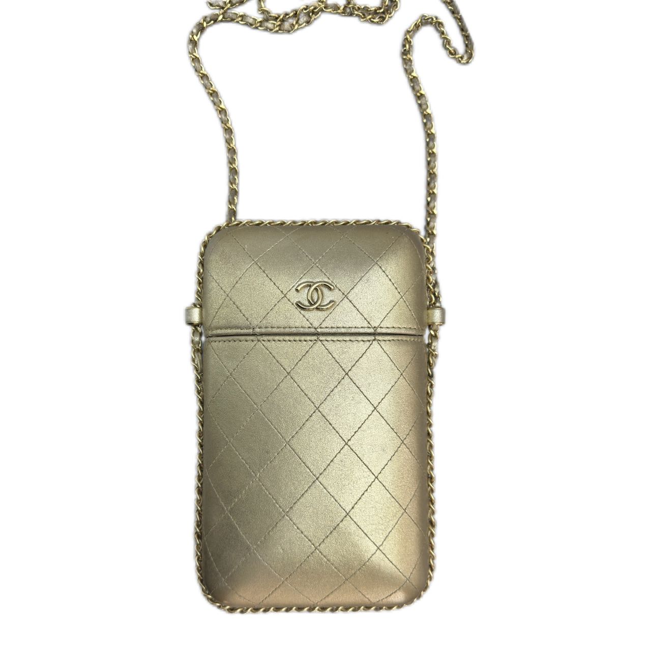 Chanel Gold Quilted Leather Chain Around Phone Holder Crossbody Bag