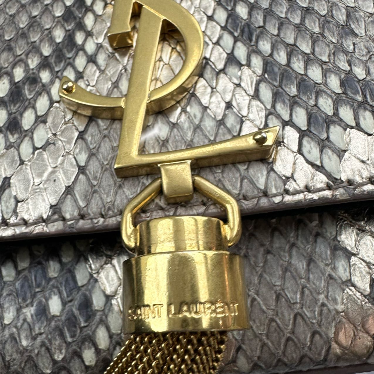 YSL Saint Laurent Metallic Gold Python Medium Kate Tassel Shoulder Bag (Silver)