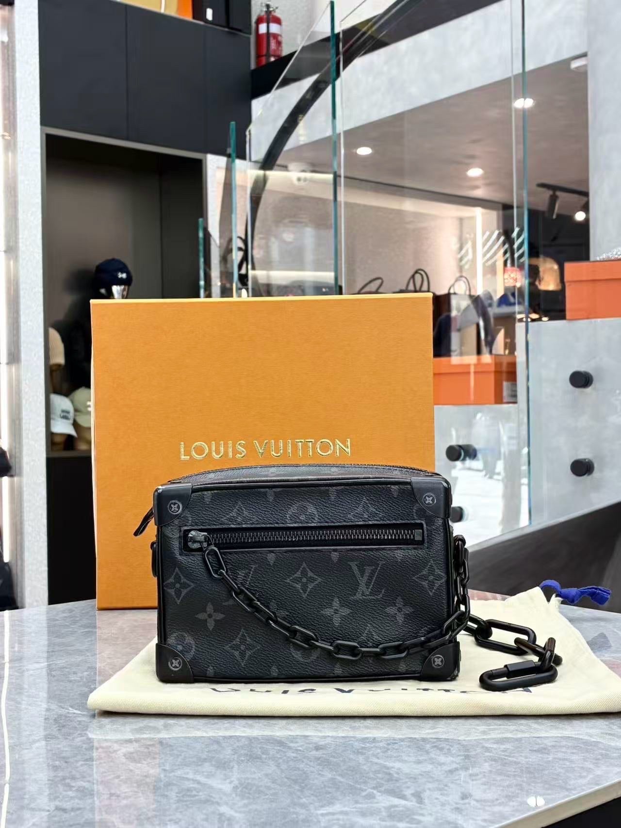 LOUIS VUITTON Soft Trunk – Monogram Eclipse Coated Canvas, Black Cowhide, Matte Black Hardware, 18.5 x 13 x 8 cm, Brand New