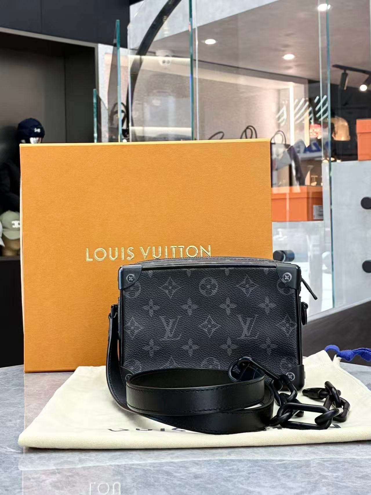 LOUIS VUITTON Soft Trunk – Monogram Eclipse Coated Canvas, Black Cowhide, Matte Black Hardware, 18.5 x 13 x 8 cm, Brand New