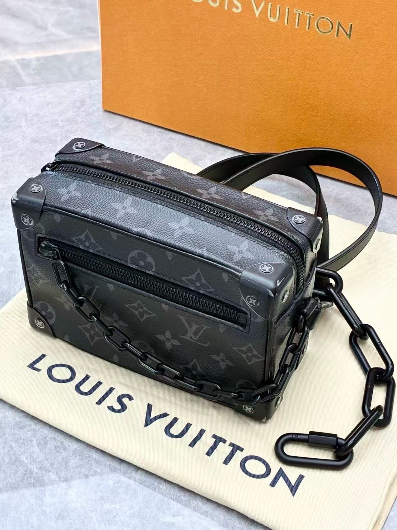 LOUIS VUITTON Soft Trunk – Monogram Eclipse Coated Canvas, Black Cowhide, Matte Black Hardware, 18.5 x 13 x 8 cm, Brand New